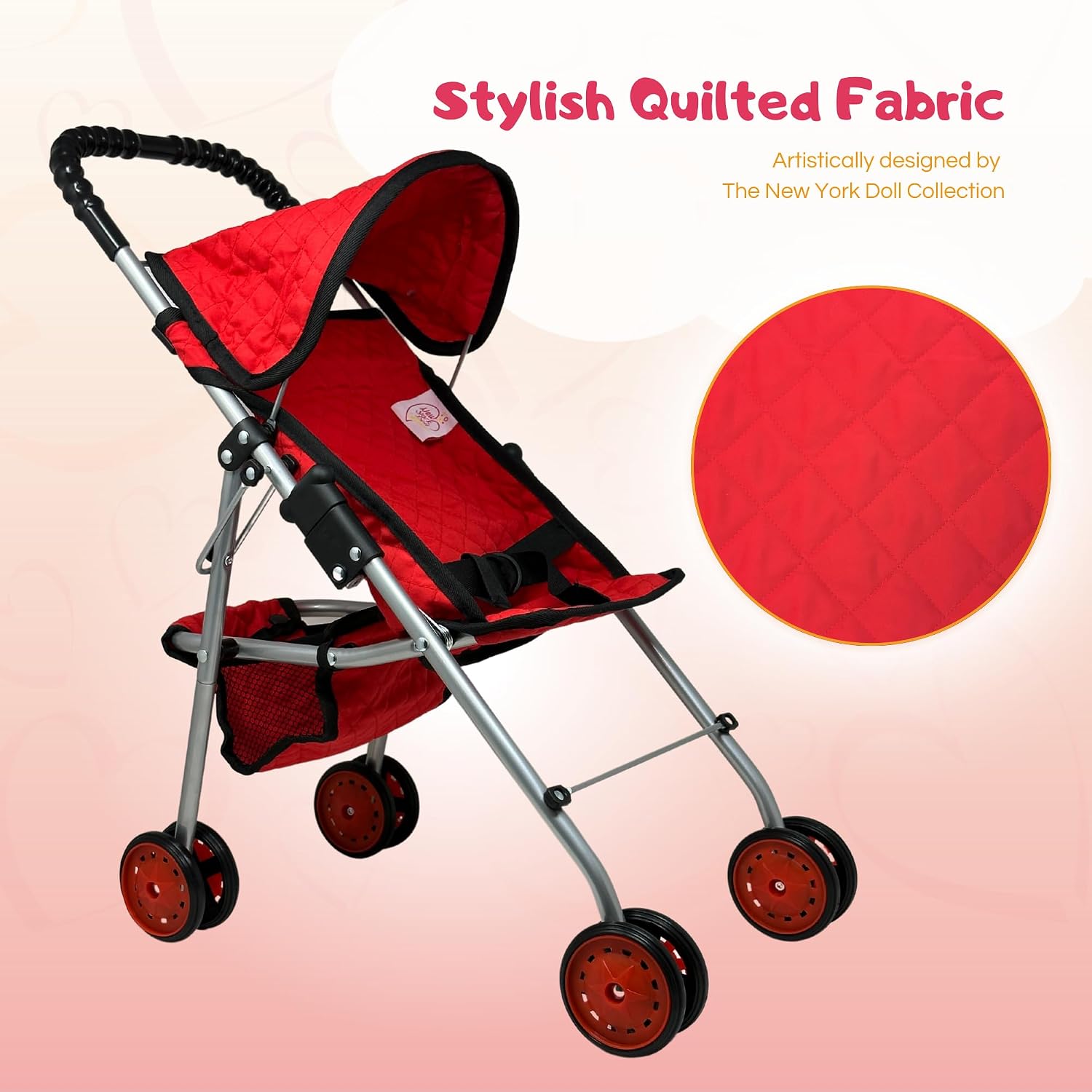 The New York Doll Collection My First Doll Stroller with Basket & Heart Design Foldable Doll Stroller, Pink