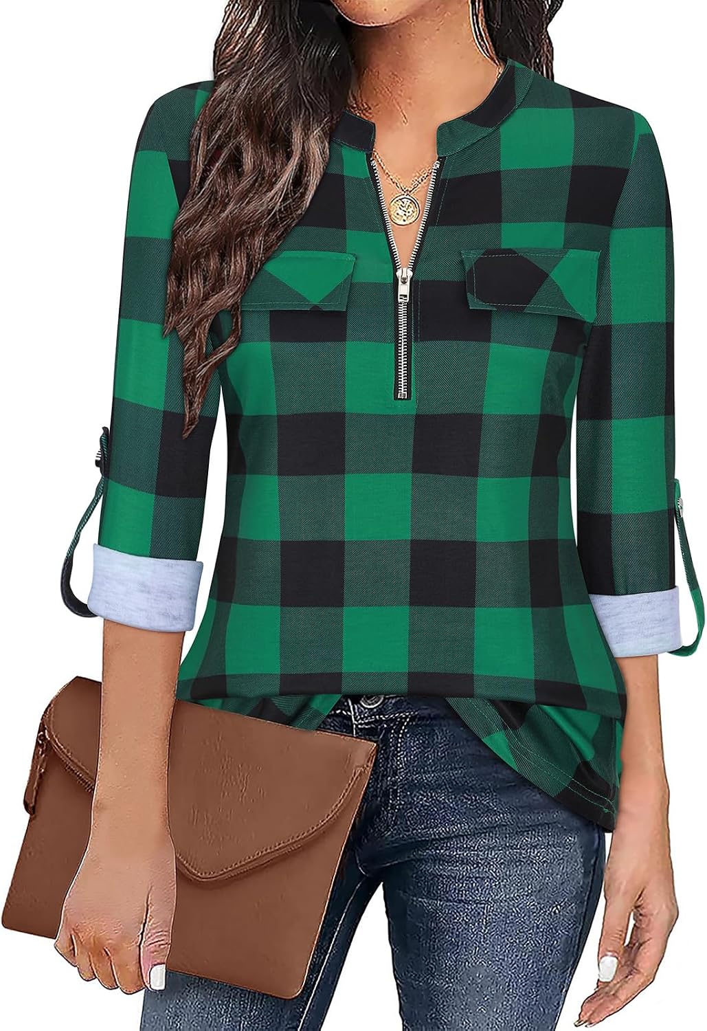 Tanst Sky Womens Casual Long Sleeve Zipped V Neck Plaid Tunic Blouses
