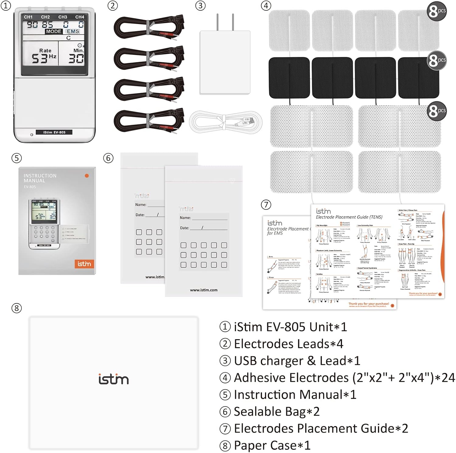 iSTIM EV-805 TENS EMS 4 Channel Rechargeable Combo Machine Unit - Muscle Stimulator + Back Pain Relief and Management- 24 Programs/Backlit