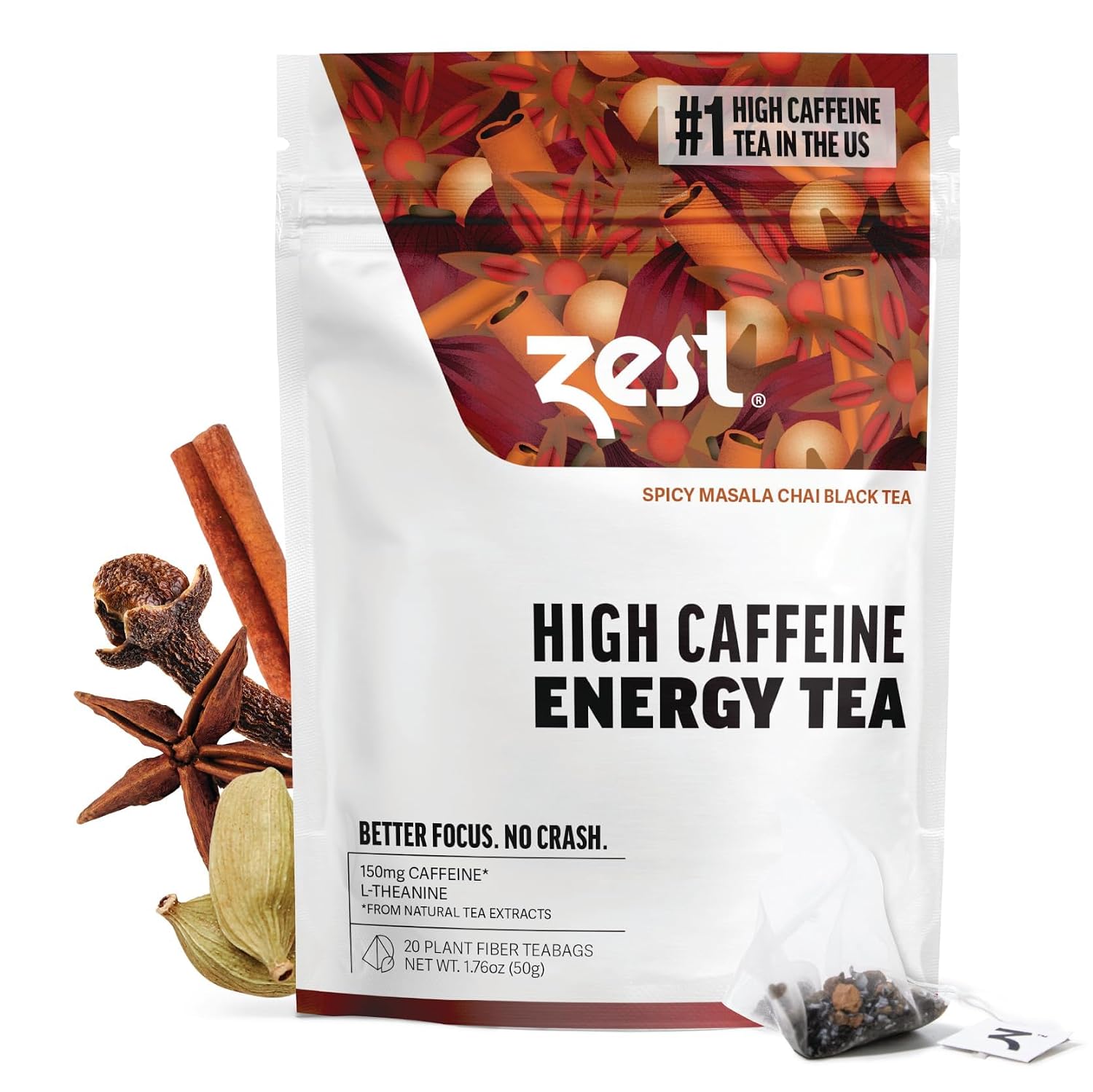 Zest Energy Green Tea – Pomegranate Mojito High Caffeine Tea Bags for Focus & Morning Energy – Natural Caffeinated Tea with 135mg Caffeine – Coffee Substitute – 20Ct Pack, Non-GMO & Keto Friendly