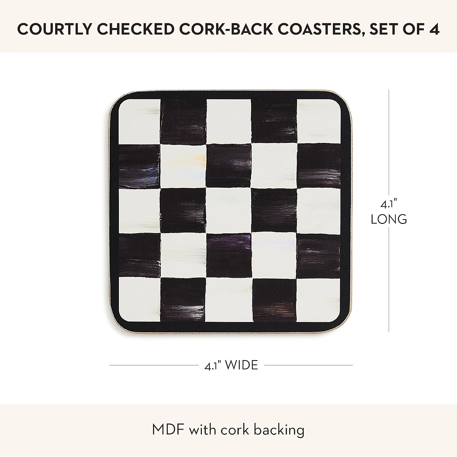MACKENZIE-CHILDS Square Coasters Set, Black-and-White Courtly Check | Hand-painted design, made from MDF with a cork back, table coasters for drinks, 4" square, set of 4