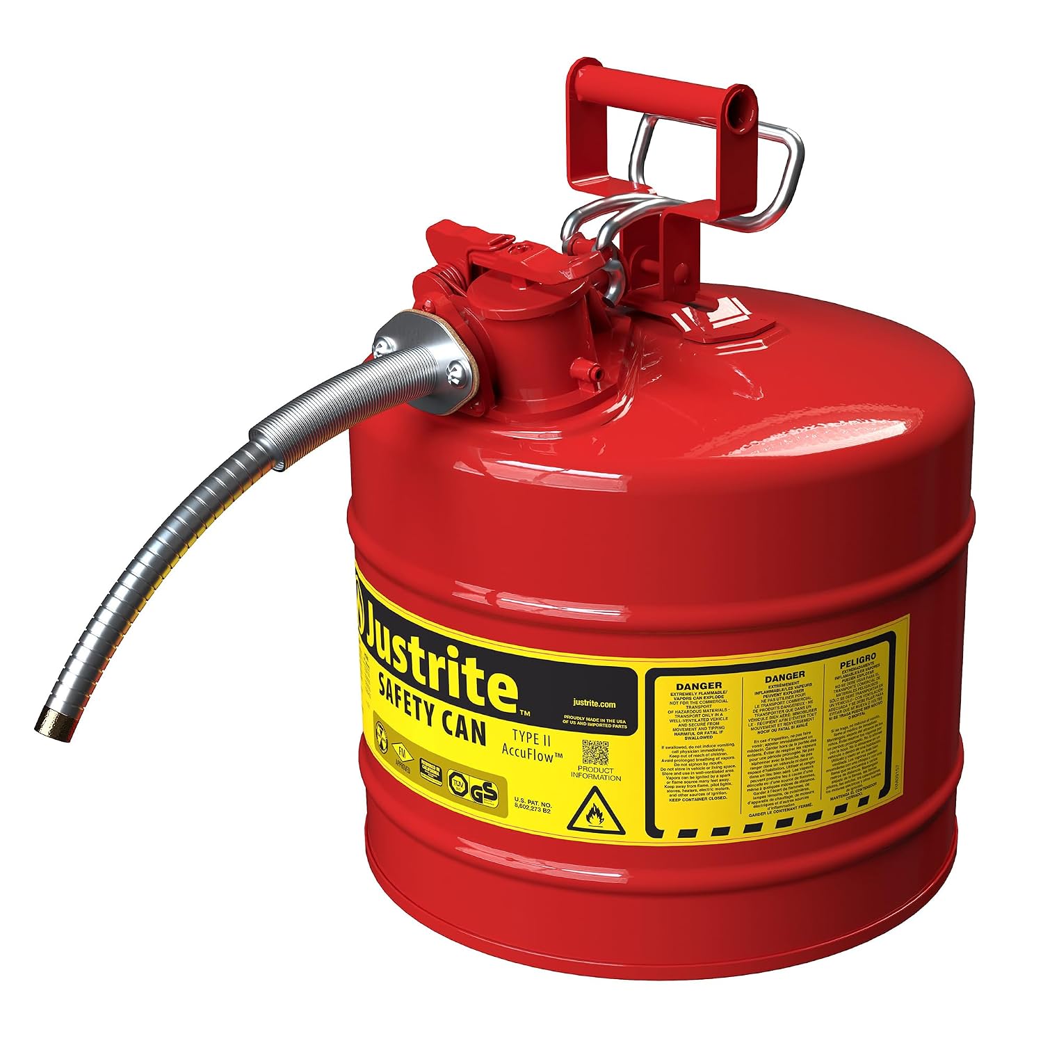 Justrite Type II Gasoline Safety Can, Red Galvanized Steel, FM Approved | Flammable Liquid Storage Can with Controlled Pouring, 5 Gallon Capacity