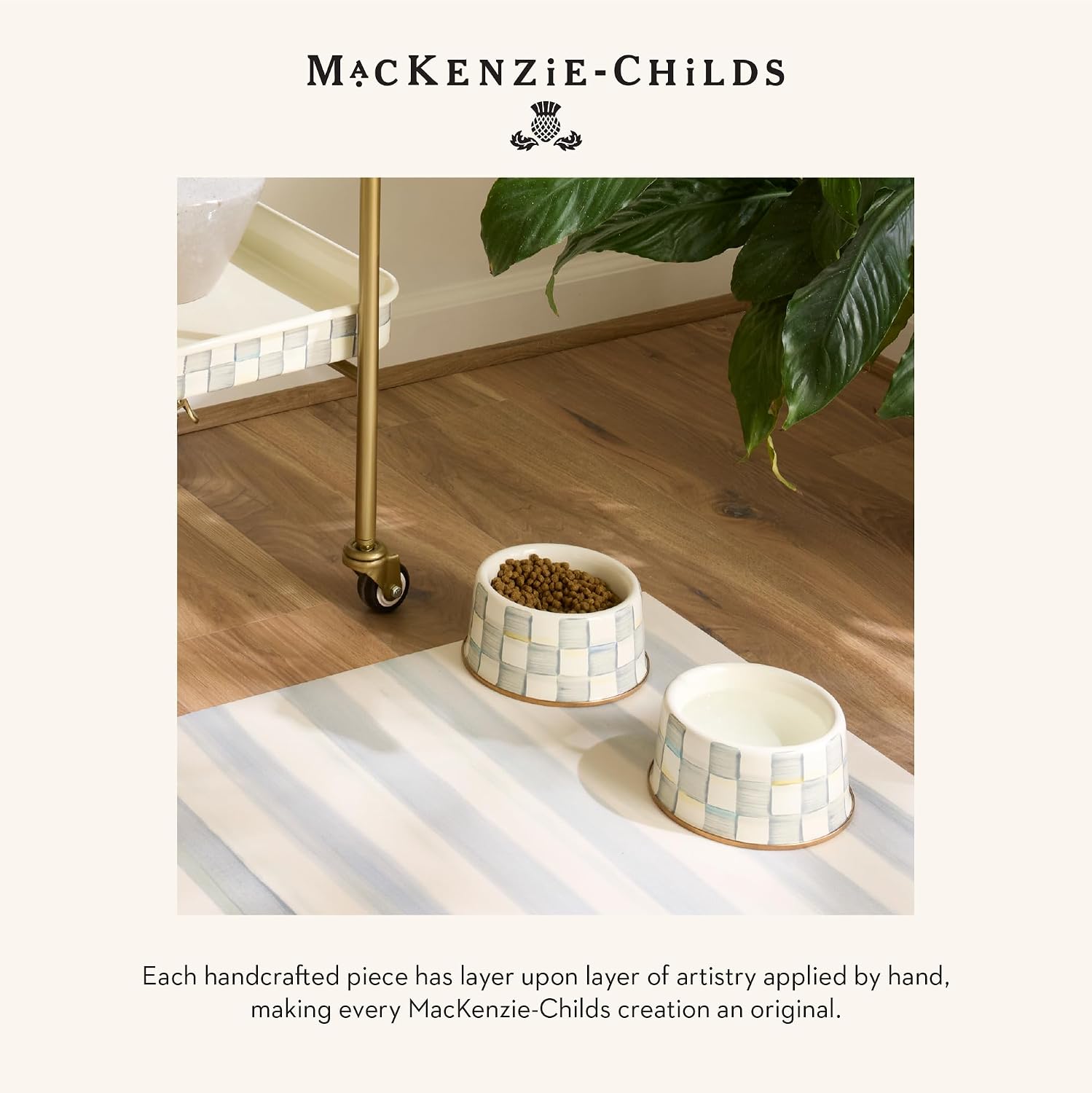 MACKENZIE-CHILDS Enamel Pet Dish, Large, Black-and-White Courtly Check | Decorative cat and dog bowl for food and water, 40-ounce capacity