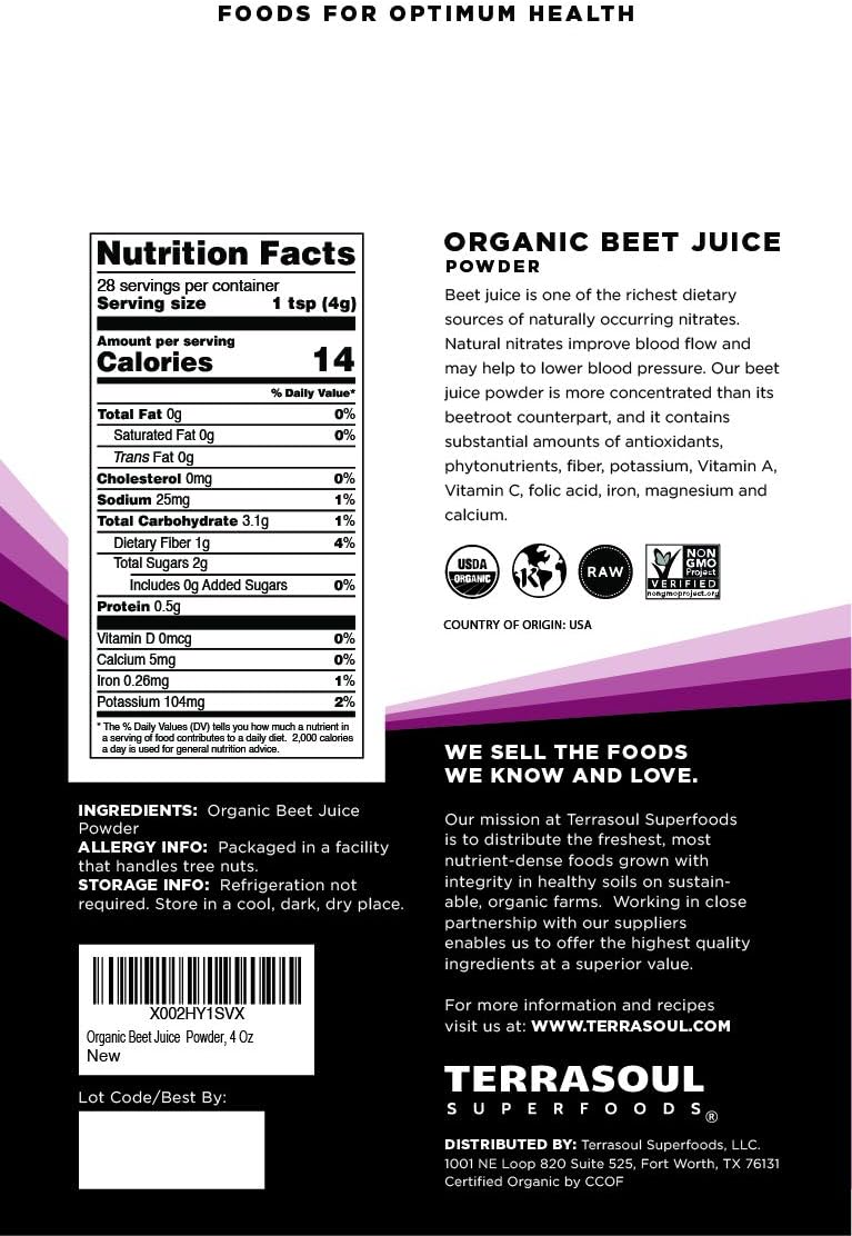 Terrasoul Superfoods Organic Beet Juice Powder, 4 Oz - Grown in USA | Concentrated Beet Juice Crystals | Energy & Stamina…