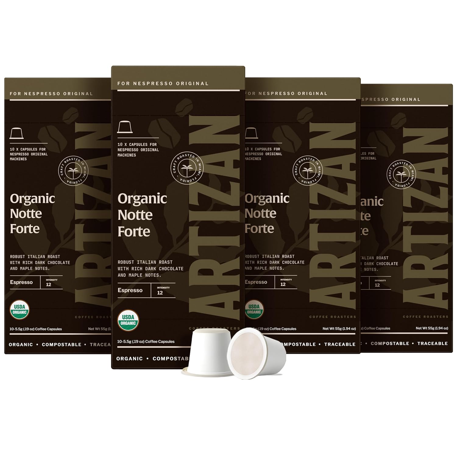 Artizan Coffee USDA Organic Espresso Coffee Capsules For Nespresso Original | Signature Blend Variety | 40 Compatible Compostable Pods