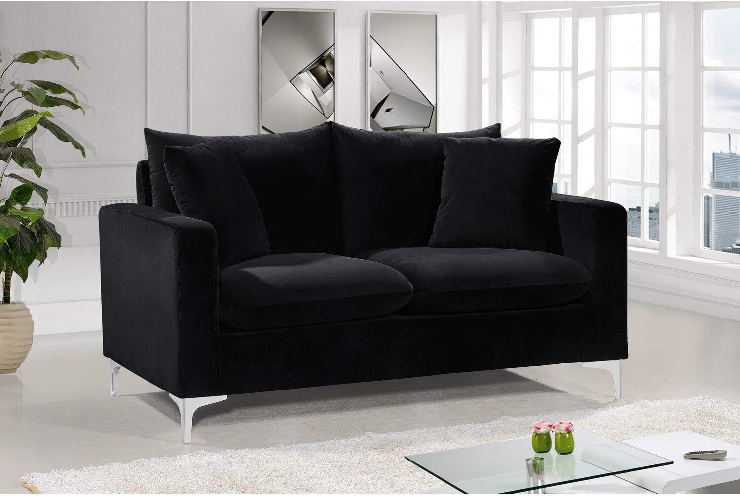 Meridian Furniture Naomi Collection Modern | Contemporary Grey Velvet Upholstered Loveseat with Stainless Steel Base in a Rich Gold or Chrome Finish, 633Grey-L
