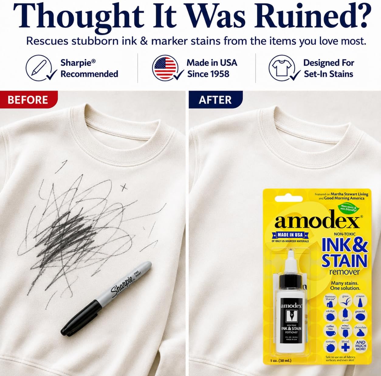 Amodex Ink and Stain Remover Unique Soap Liquid Formula 4 fl oz Bottle