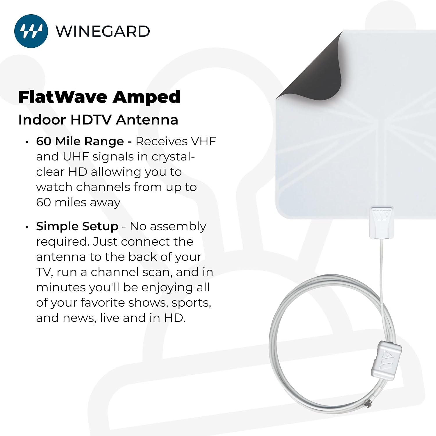 Winegard FL-5000 Indoor HD Antenna FlatWave - Non-Amplified VHF/UHF Indoor TV Antenna-Over-the-Air Reception-40 Mile Range-NextGen TV Compatible Ultra-Thin-Dual Color Easy Setup-For Metro Areas