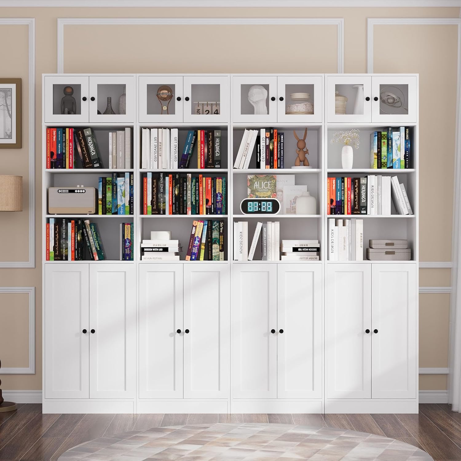 TUSY 85.5 Inch Tall Bookshelf with Doors - 7 Tier Bookcase with Glass Doors and Drawer, 23.6" Wide Storage Cabinet with Open Shelves for Living Room, White Book Shelf for Home Office, Study (AAAA)