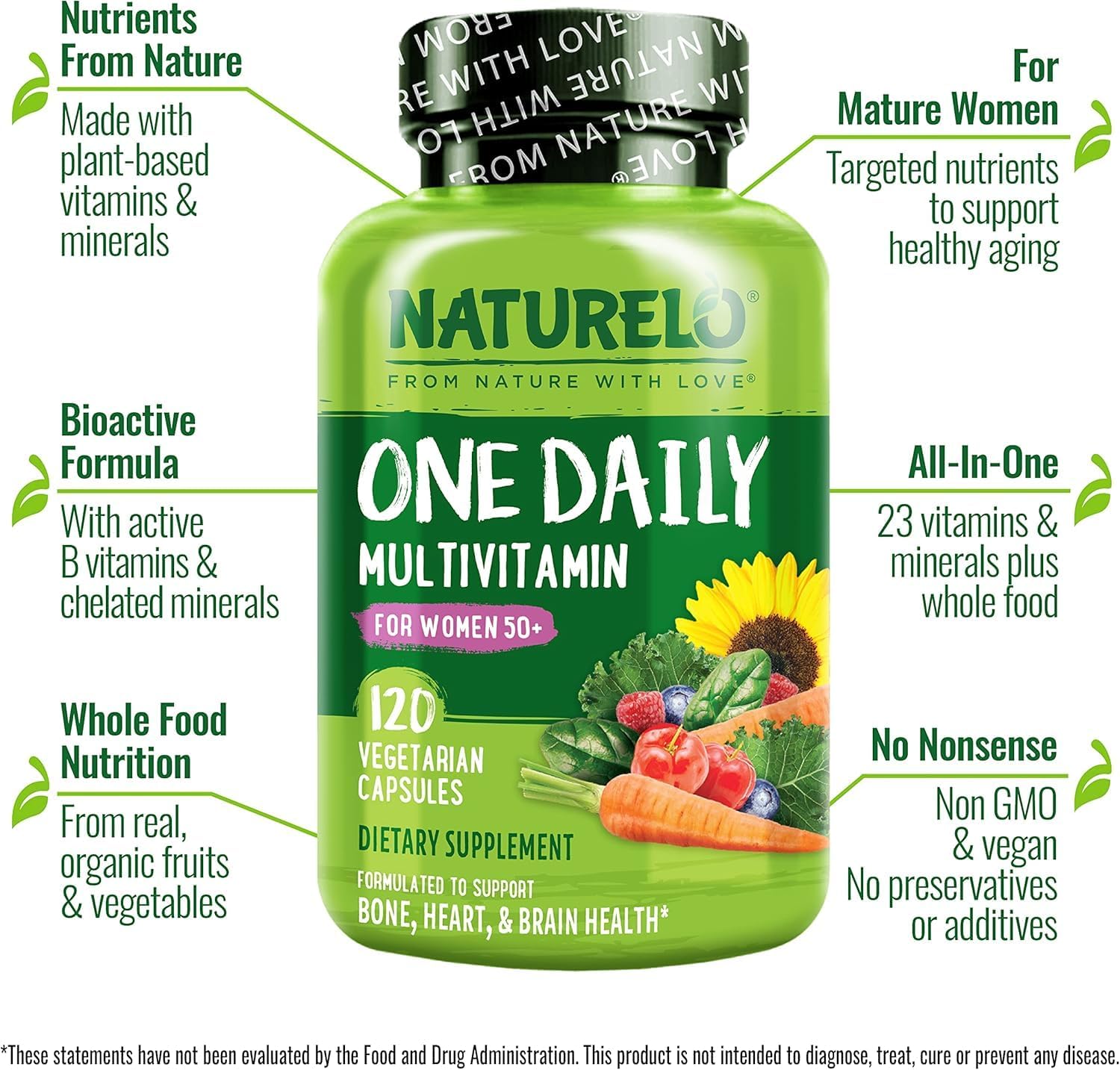 NATURELO One Daily Multivitamin for Women 50+ (Iron Free) - Menopause Support for Women Over 50 - Whole Food Supplement - Non-GMO - No Soy - 60 Capsules - 2 Month Supply | Energy Support, Whole Food Daily Women Multivitamin Supplement, Nourish Hair/Skin/…