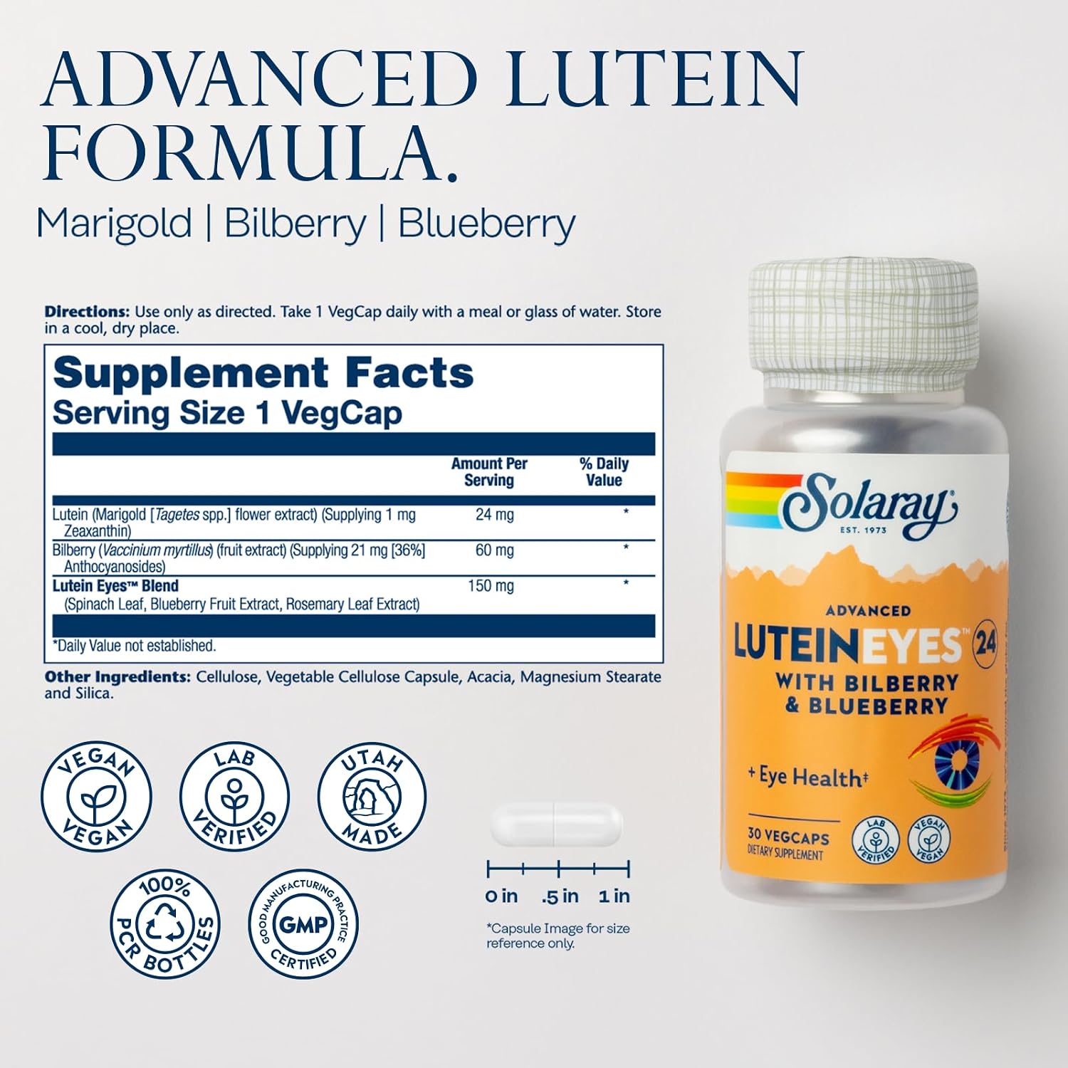 SOLARAY Advanced Lutein Eyes 24 mg, 30 VegCaps | Eye & Macular Health Support, Lutein, Zeaxanthin, Bilberry & Blueberry, 30 Servings