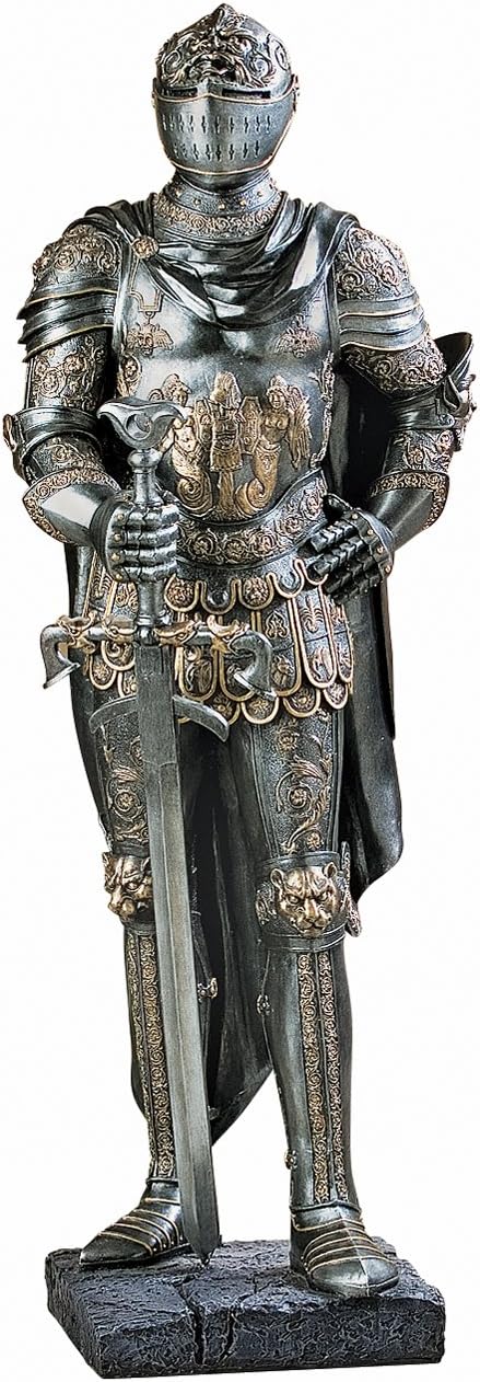 Design Toscano King's Guard Medieval Decor Half Scale Knight Armor Gothic Statue, 39 Inch Tall, Cast Stone Resin, Metallic Finish with Faux Stone Base