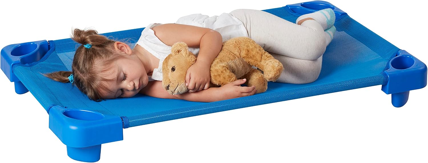ECR4Kids Stackable Kiddie Cot, Ready-To-Assemble, Toddler Size, Classroom Furniture, Blue, 6-Pack | Breathable mesh, GREENGUARD Gold Certified