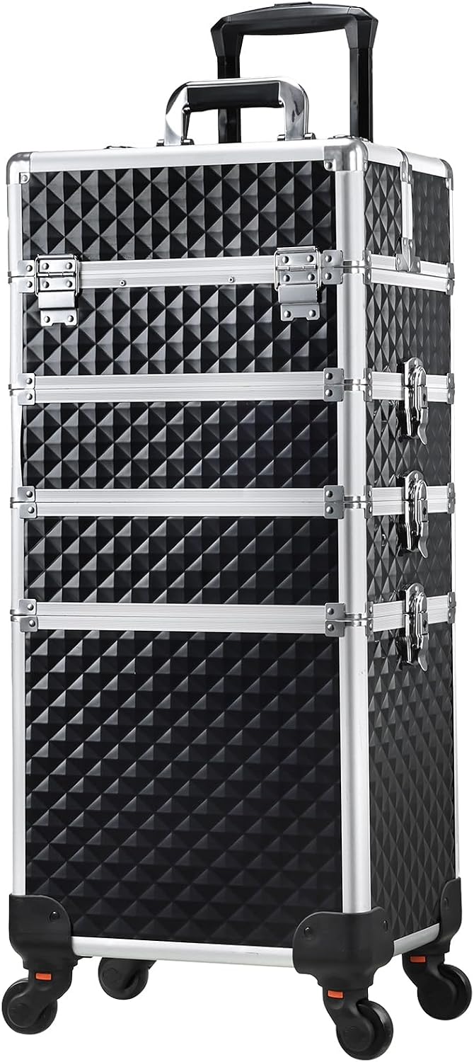 Stagiant Rolling Makeup Case Cosmetology Case on Wheels 4 in 1 Large Cosmetic Organizer Train Case Makeup Travel Case with Key Swivel Wheels Nail