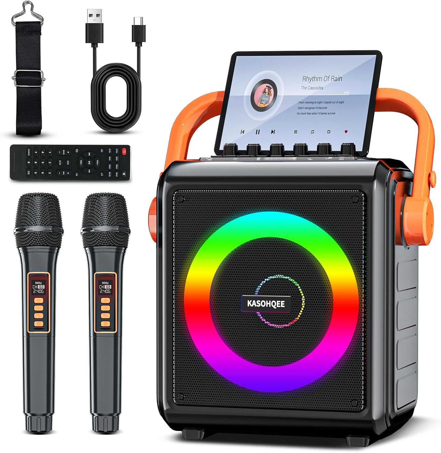 Karaoke Machine with 2 Wireless Microphones for Adults & Kids, 8000mAh Portable Bluetooth Speaker PA System with Lights, Supports AUX in/TF Card/FM/REC, Microphone Speaker Set for Home Party, Outdoor