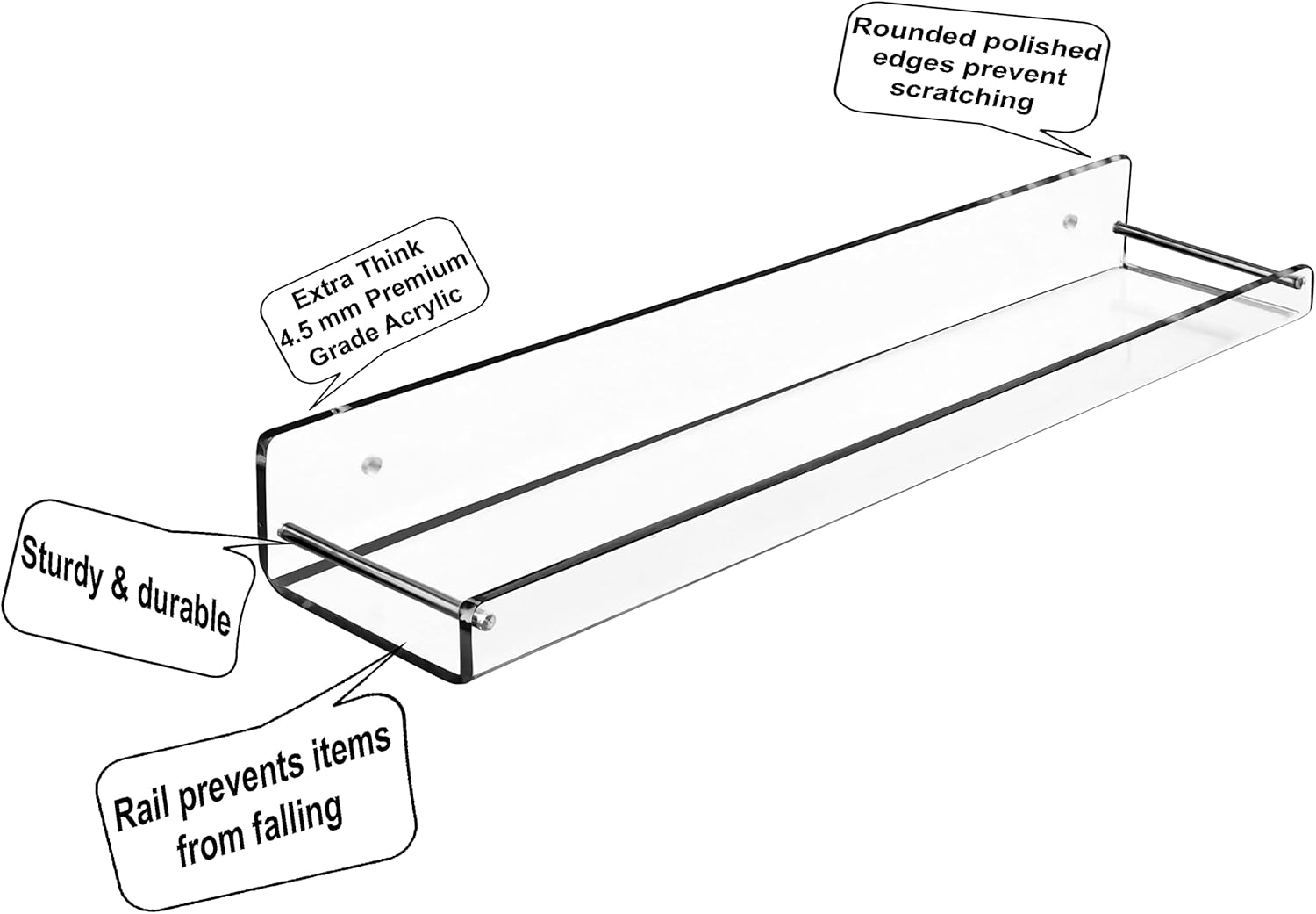 AMT 2 Pack Acrylic Floating Shelves, 15" L x 4" W, Clear Bathroom Wall, Bookshelves, Invisible Display for Office, Bedroom
