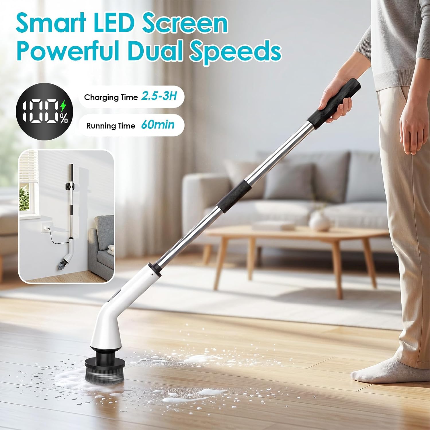 Electric Spin Scrubber for Bathroom, Power Cleaning Brush with 7 Replaceable Brush Heads, Adjustable Long Handle