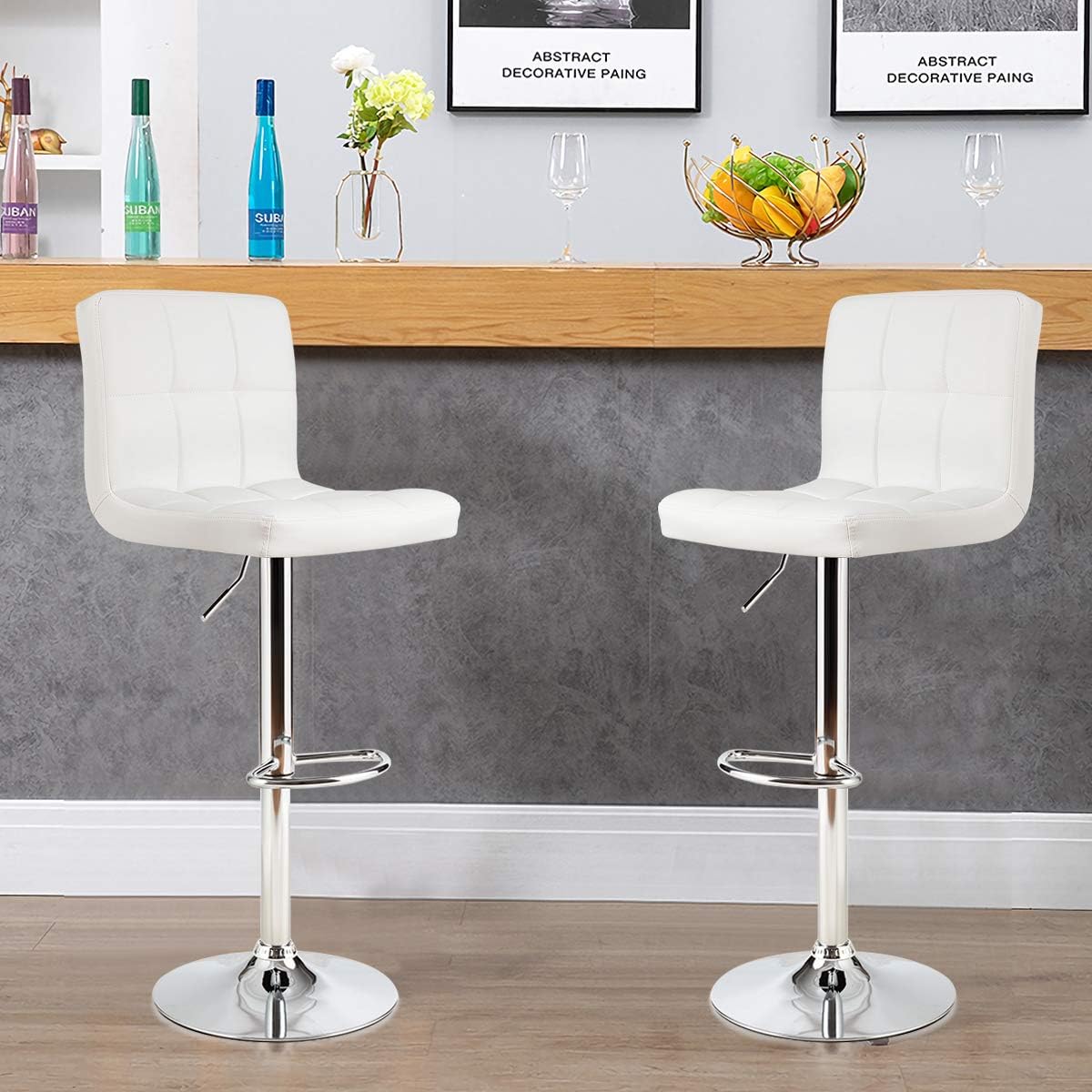 COSTWAY Bar Stool, Modern Swivel Adjustable Height PU Leather Barstools with Back, Square Armless Counter Height Bar Chair for Kitchen Island Dining Living Bistro Pub Counter, Black