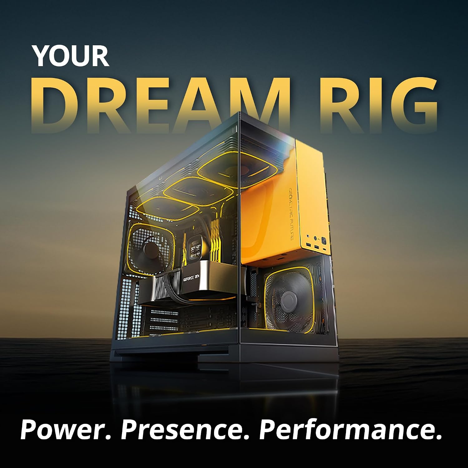Geometric Future M5 Tempered Glass Mid Tower, E-ATX/ATX Gaming Case, 1.2mm Steel, Type C, Toolless Panels, Support 420/360 Radiator, ARGB PWM 140m Fan x 5 Pre-Installed, Black/Yellow, GEO-M5F-BY