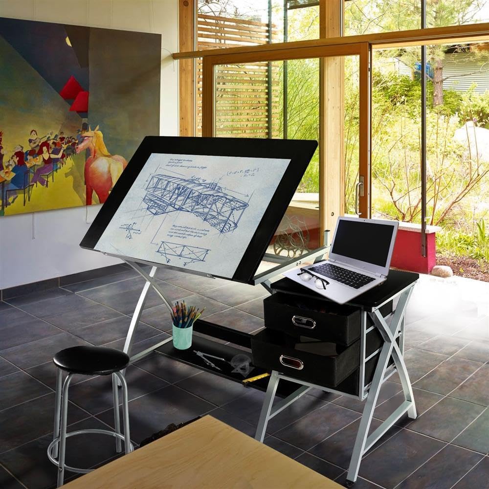Yaheetech Drafting Table with Storage & Stool