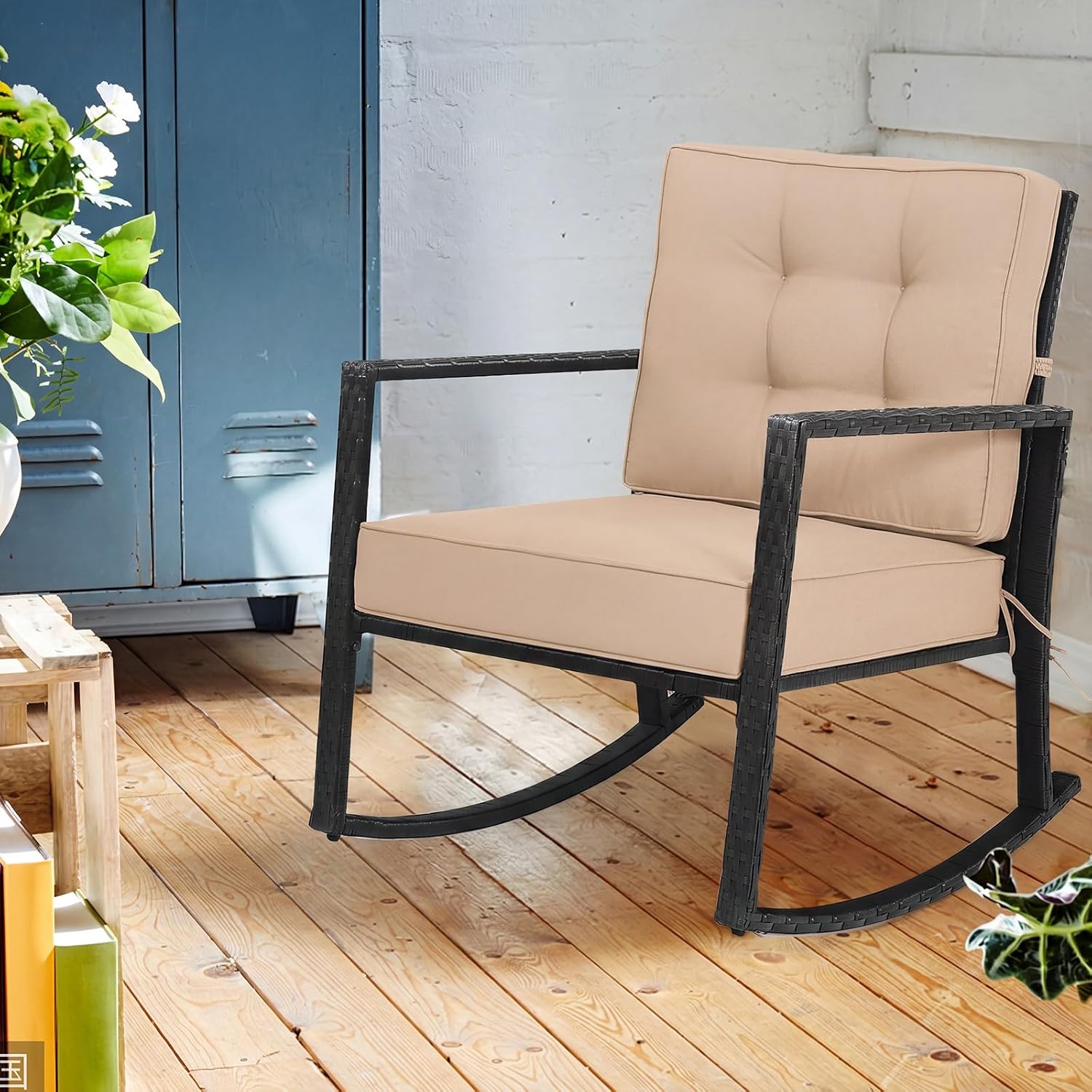Tangkula Wicker Rocking Chair, Outdoor Glider Rattan Rocker Chair with Heavy-Duty Steel Frame