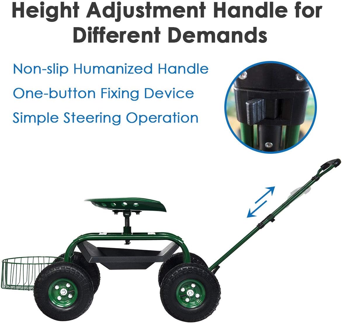 Goplus Rolling Garden Cart with Seat, Outdoor Garden Stool with Wheels, Tool Tray & Basket, Adjustable Steering Handle