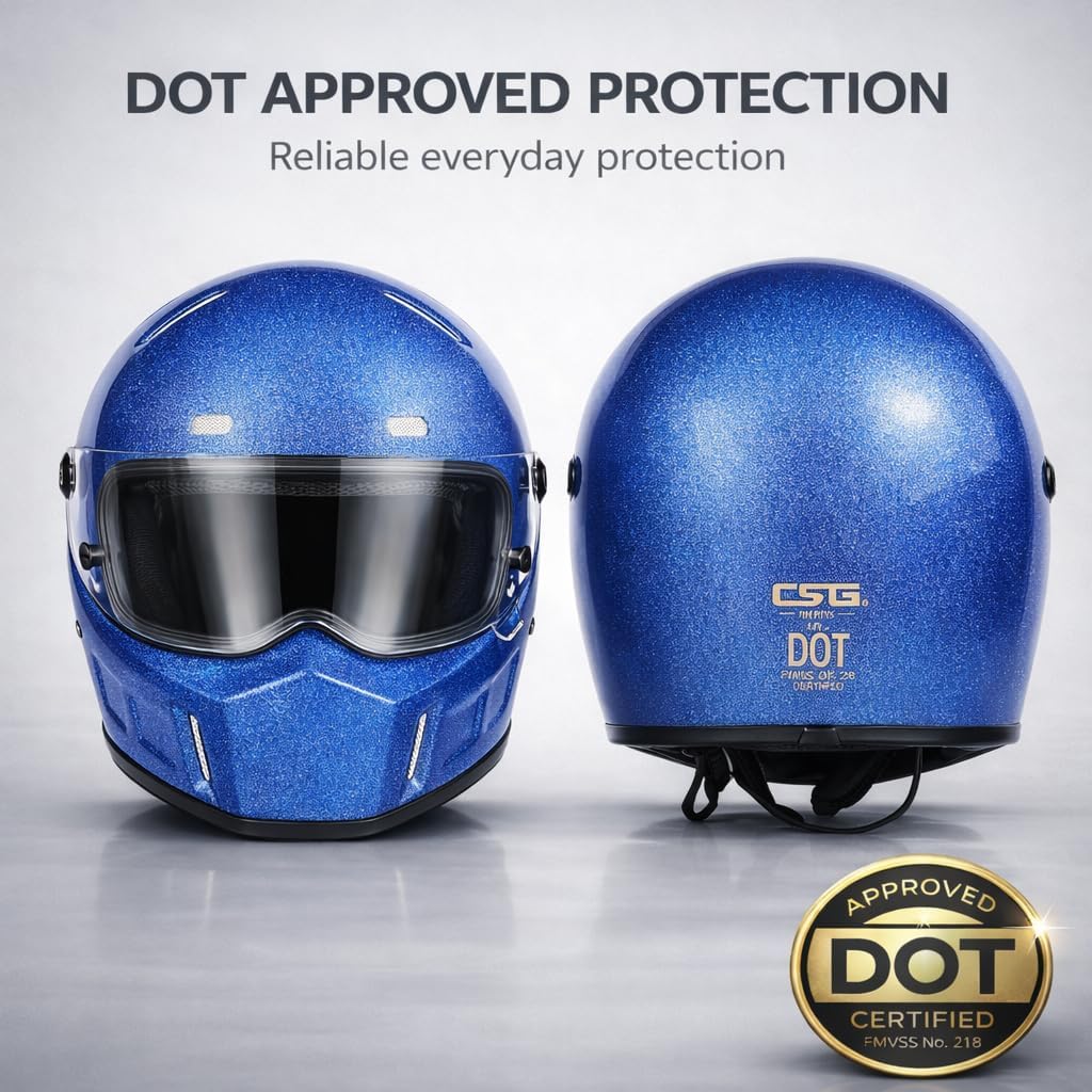 CRG Sports Retro Full Face Motorcycle Helmet, DOT Approved Fiberglass Street Bike Helmet with Clear Visor, Lightweight Cafe Racer Cruiser Motorcycle Helmet