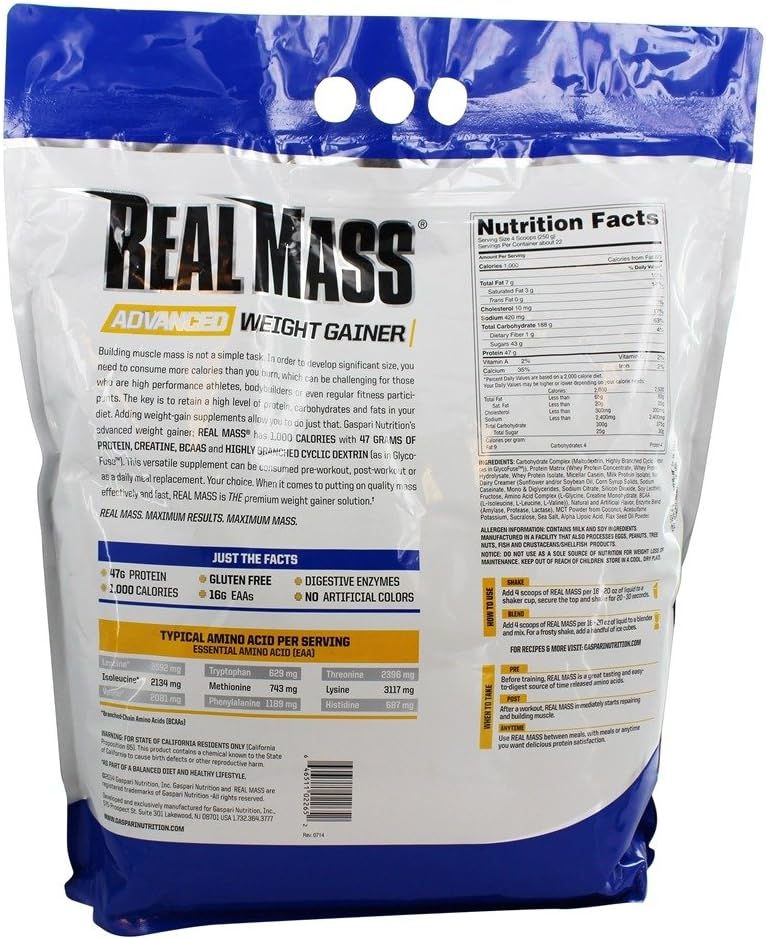 Gaspari Nutrition Real Mass: Advanced Weight Gainer, Protein and Complex Carb Blend, 50g Protein, 16g EAAs, Gluten-Free, 12 lbs (Vanilla Milkshake)