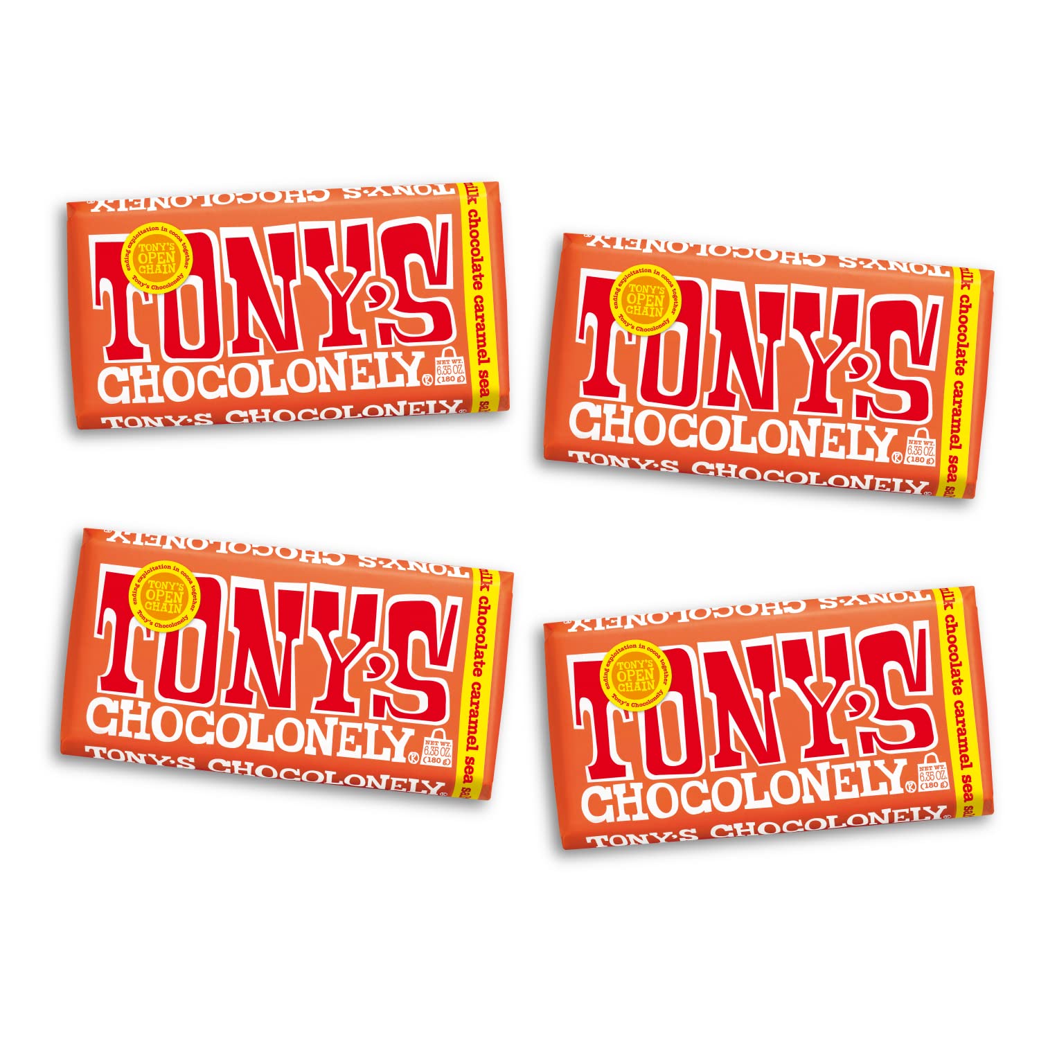 Tony’s Chocolonely 32% Milk Chocolate Caramel Sea Salt Bars, No Artificial Flavoring, Fairtrade & B Corp Certified, 6.35 Ounce (15 Bars)