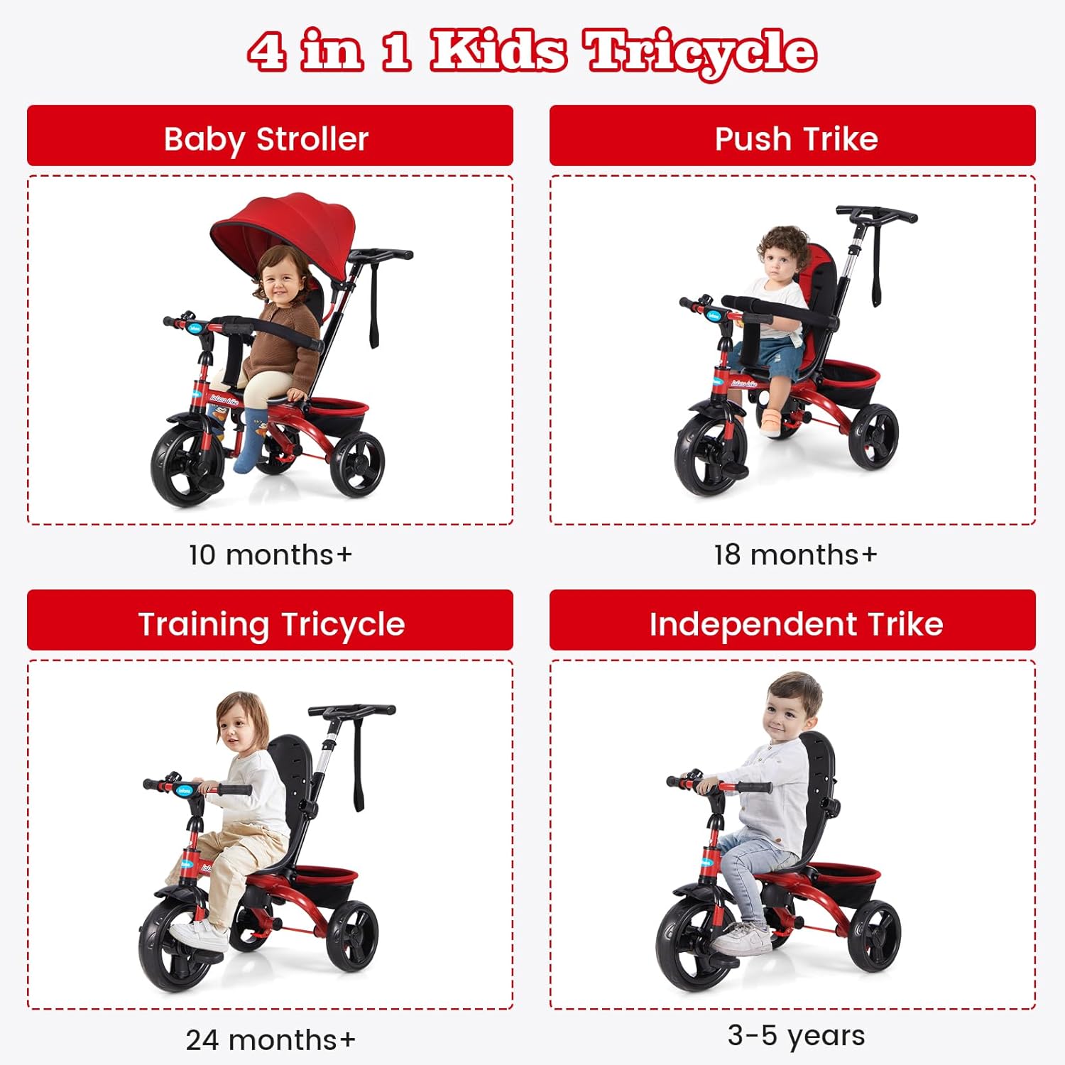 INFANS Kids Tricycle, 6 in 1 Stroll Trike with Adjustable Push Handle, Removable Canopy, Retractable Foot Plate, Lockable Pedal, Detachable Guardrail, Suitable for 10 Months to 5 Years (Blue)