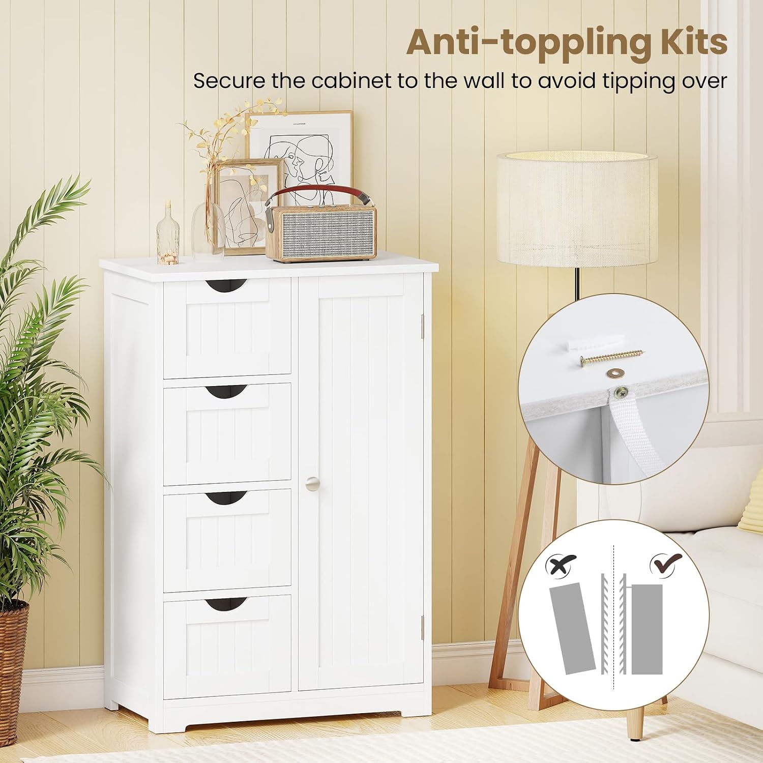 Giantex Storage Cabinet with 4 Drawers, Bathroom Storage Organizer with Cupboard, Adjustable Shelf, Anti-Toppling Device, Floor Cabinet, Entryway Storage Unit Console Table, White