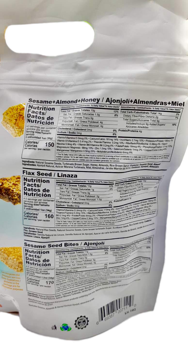 Dulzura Borincana Sesame, Almond and Honey Flax Seed Sesame Seed Non GMO Gluten Free Vegan Healthy Snacks Variety Pack