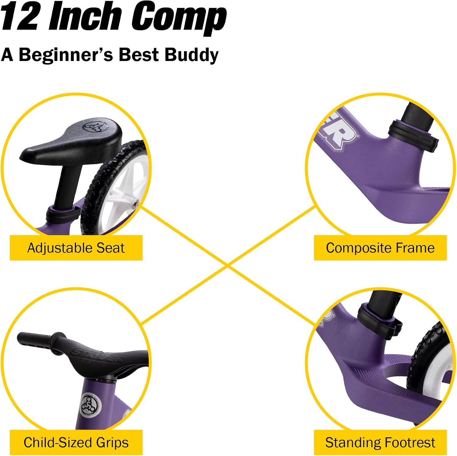 Strider 12 Comp, No Pedal Balance Bike for Kids Ages 1–3 Years | No-Pedal Composite Bike, Adjustable Seat, Lightweight Frame, Easy Assembly, Durable All-Weather Plastic, Never Flat Tires