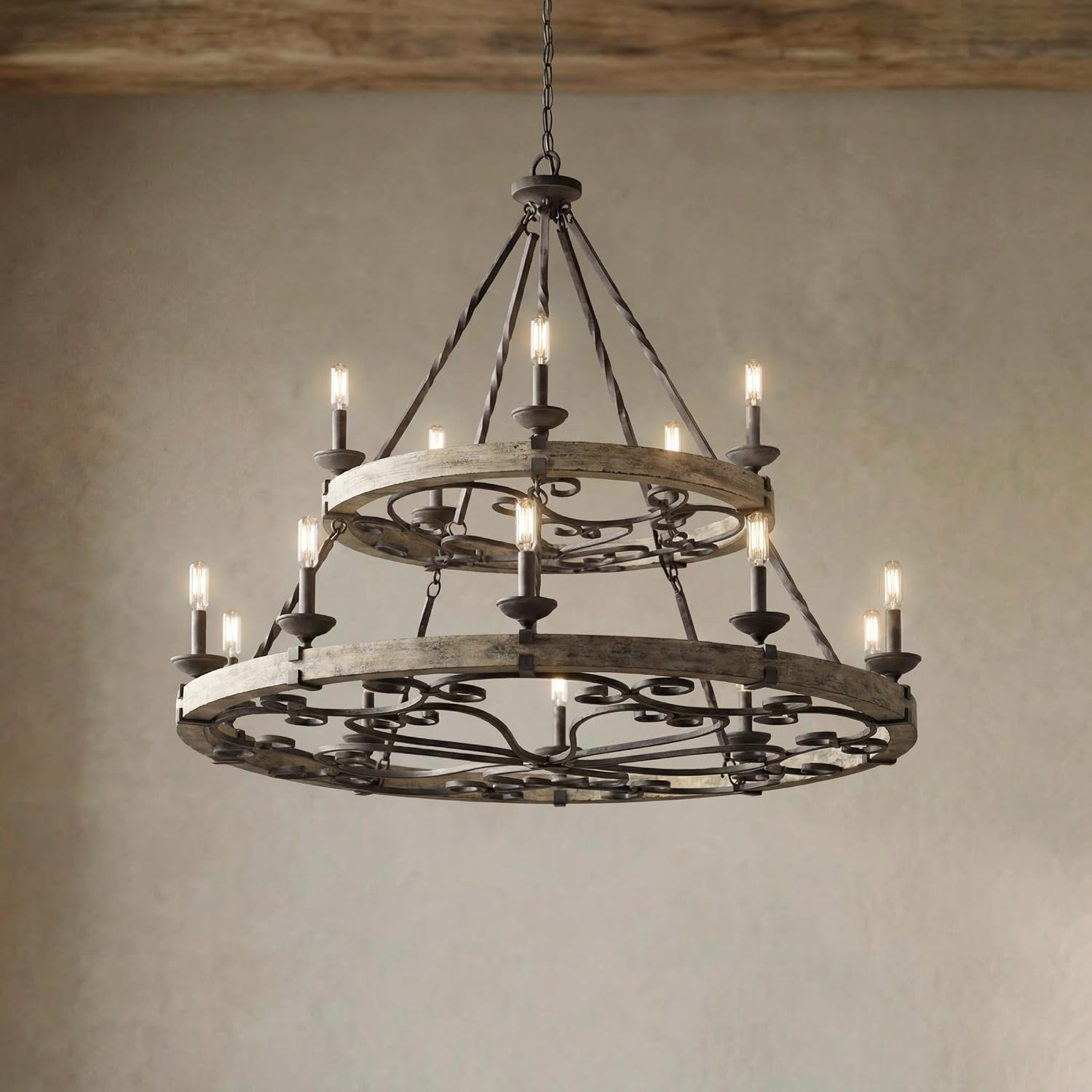 Kichler Taulbee 15-Light 2-Tier Chandelier, Weathered Zinc | Two-tier chandelier with weathered gray wood accents (44" x 38.75"), 43826WZC