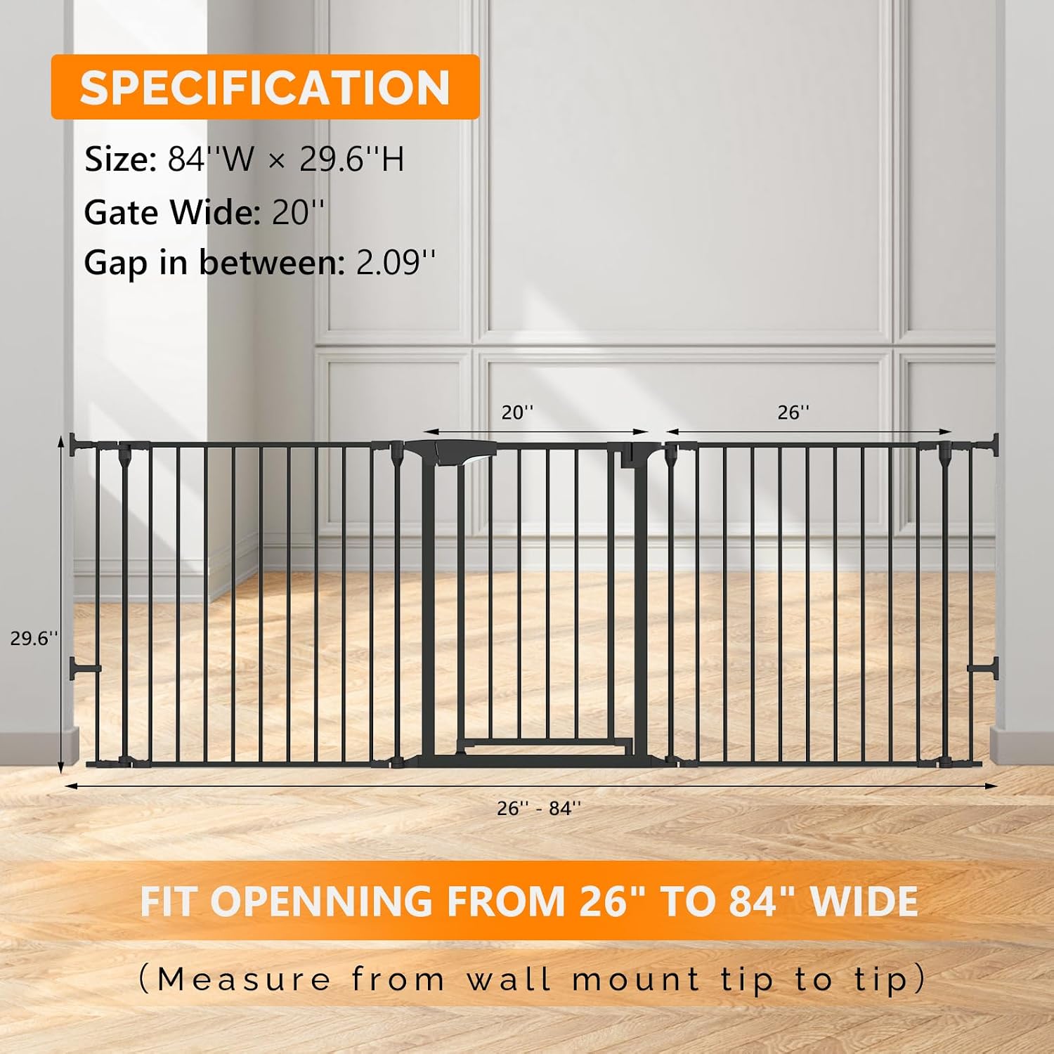 Bonnlo 134 Inches Wide Configurable Baby Gate, Fireplace Safety Fence/Guard, Adjustable 5-Panel Metal Play Yard for Toddler/Pet/Dog, Christmas Tree Fence, Includes 4 Pack of Wall Mounts, Black