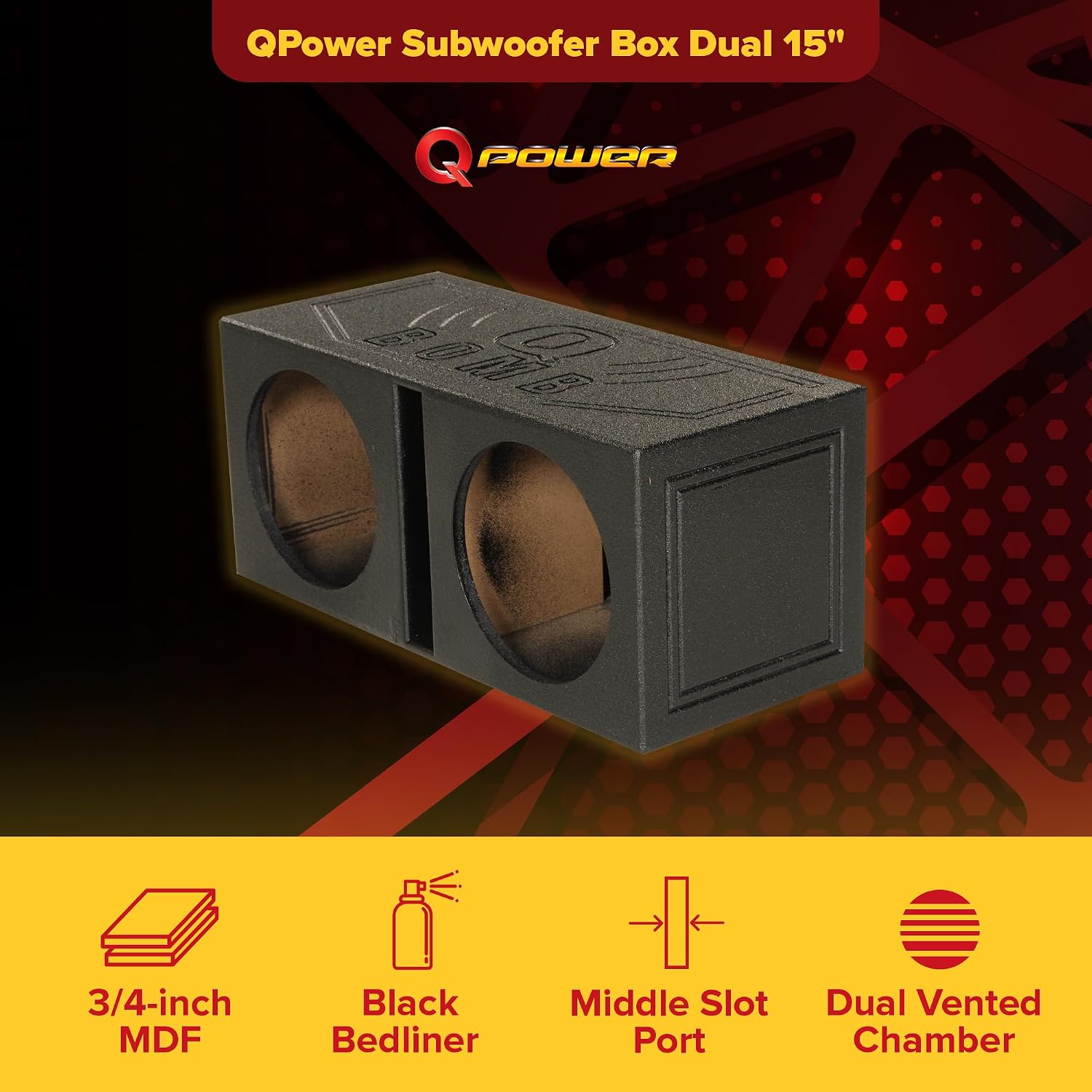 Q Power Q Bomb Series 15" Dual Ported SubwooferSpeaker Enclosure | Vented Sub Box Chamber Design with Black Bed Liner Spray Finish, Car Audio Sound System Accessory