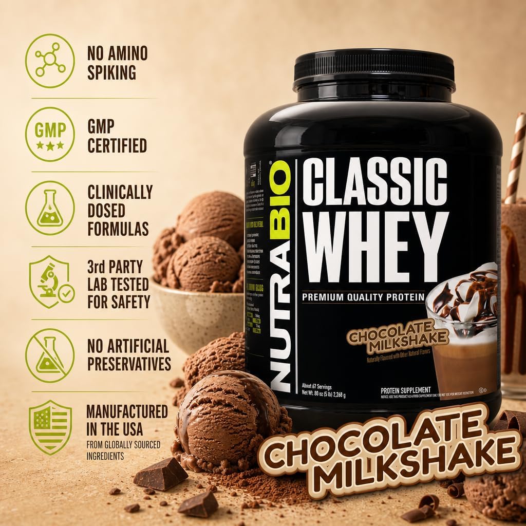 NutraBio Classic Whey Protein Powder- 25G of Protein Per Scoop - No Fillers, Artificial Colors, Preservatives - Chocolate Milkshake, 2 Pounds