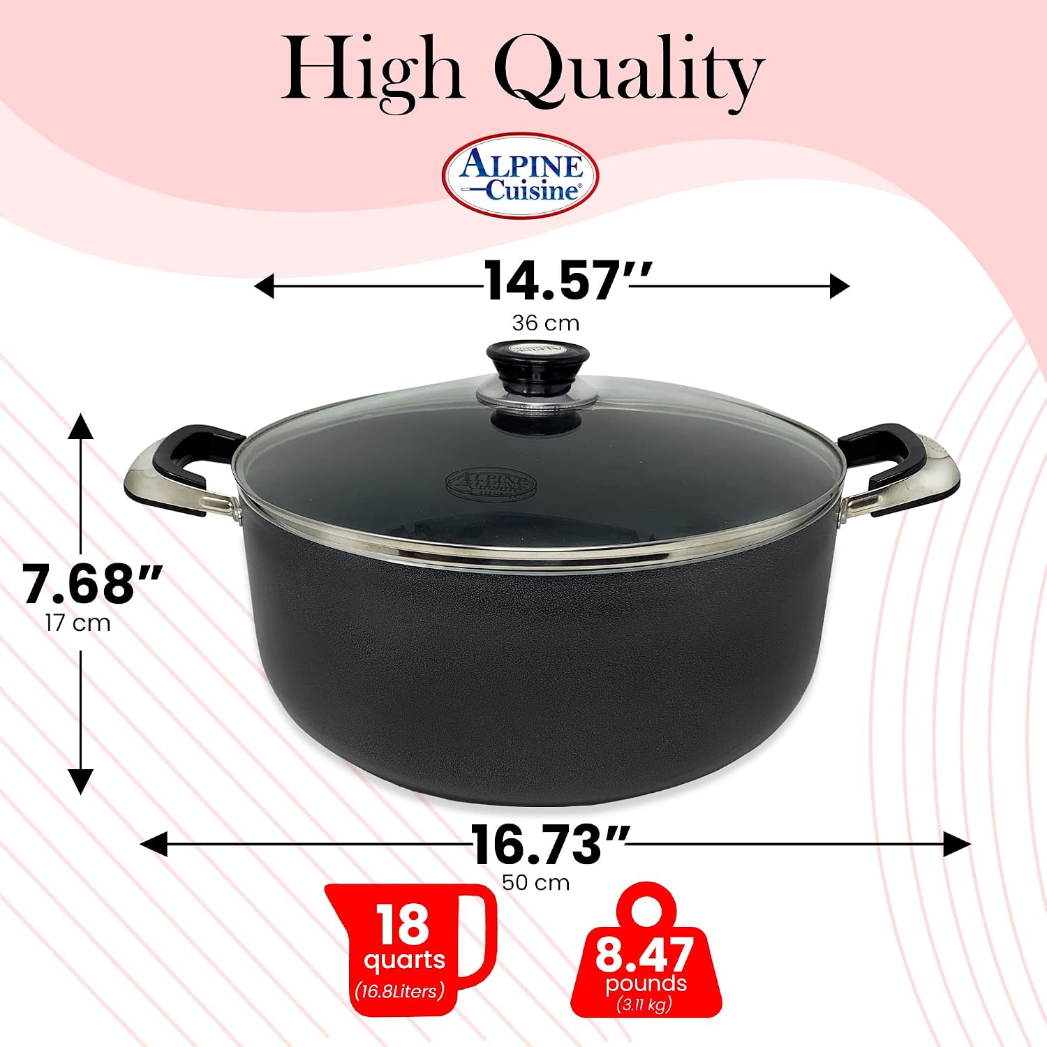 Alpine Cuisine 4 Quart Non-stick Stock Pot with Tempered Glass Lid and Carrying Handles, Multi-Purpose Cookware Aluminum Dutch Oven for Braising, Boiling, Stewing
