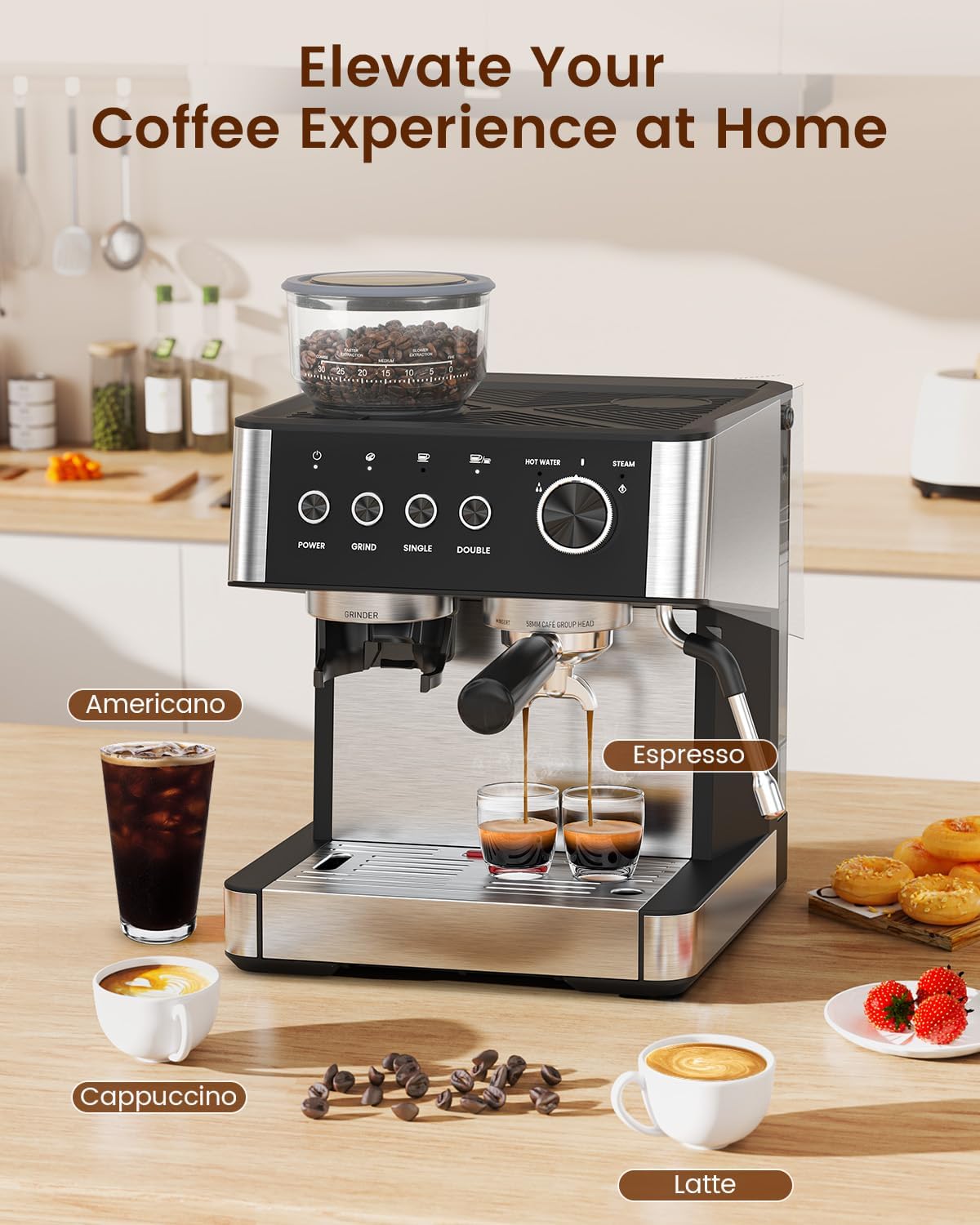 (2026 Upgrade) Espresso Machine with Grinder, 15 Bar Expresso Coffee Machines, Professional Coffee Maker for Latte&Cappuccino with Milk Frother, Expresso Machines for Home Descaling Kit Included White