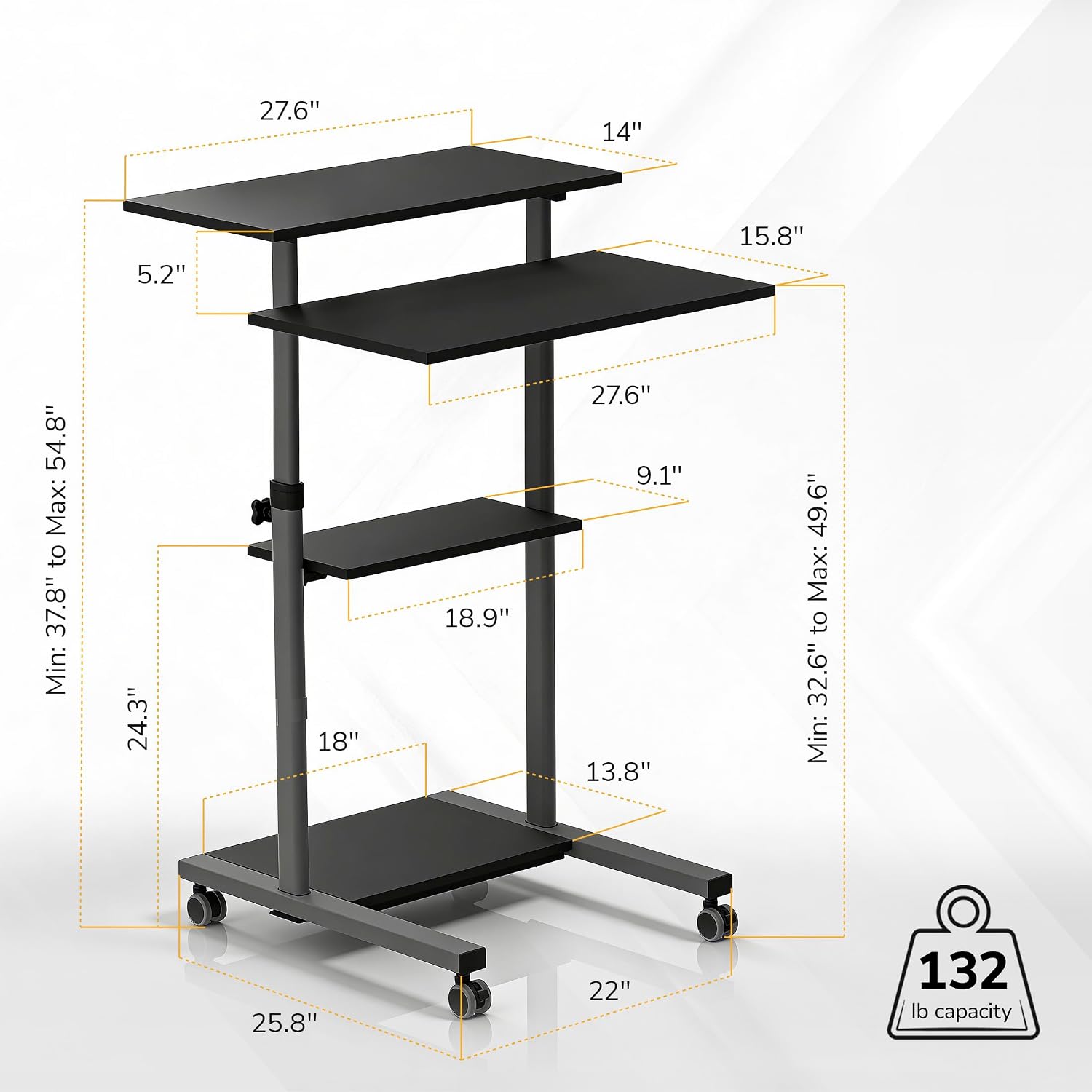 Mount-It! Black Rolling Standing Desk, Adjustable Height up to 54.7", Portable Laptop Podium Desk on Wheels, Mobile Computer Workstation with 4 Shelves 27.5" Wide, Cart for Home Office or Classroom