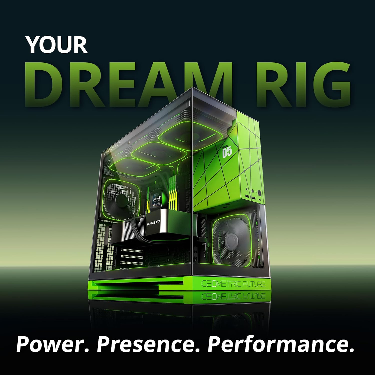 Geometric Future M5 Tempered Glass Mid Tower, E-ATX/ATX Gaming Case, 1.2mm Steel, Type C, Toolless Panels, Support 420/360 Radiator, ARGB PWM 140m Fan x 5 Pre-Installed, Black/Yellow, GEO-M5F-BY