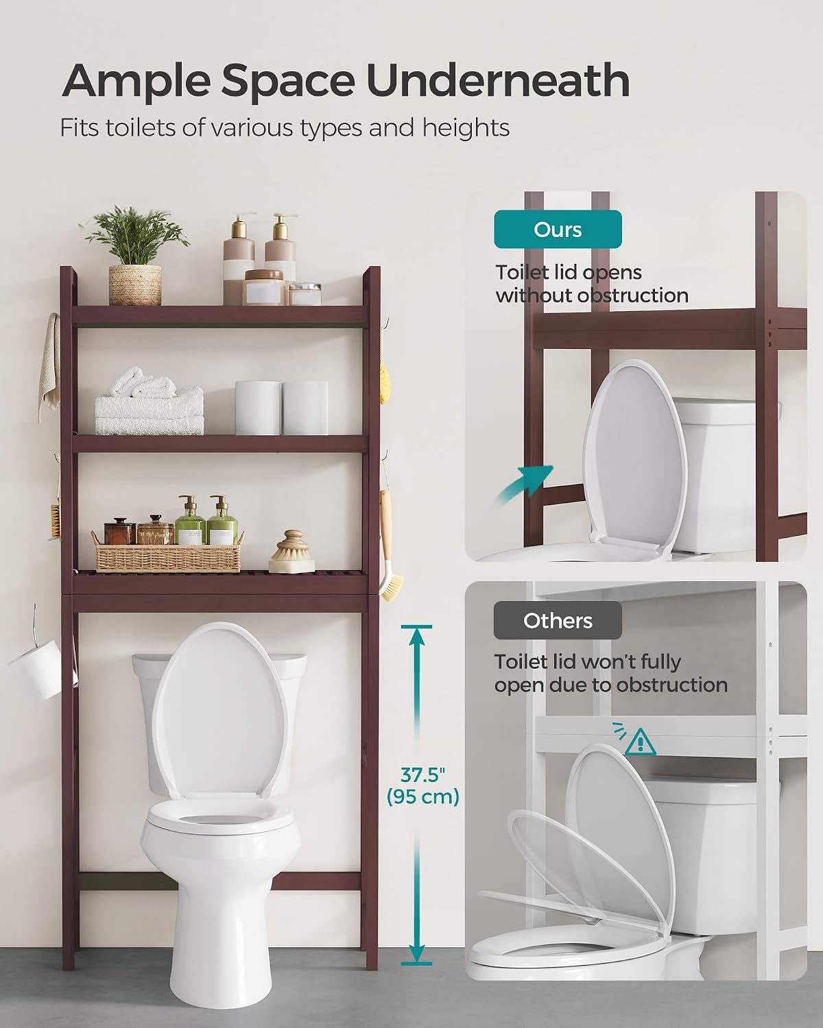 SONGMICS Over The Toilet Storage, 3-Tier Over Toilet Bathroom Organizer with Adjustable Shelf, 10.2 x 24.8 x 66.9 Inches, Space-Saving, Cloud White UBTS01WT