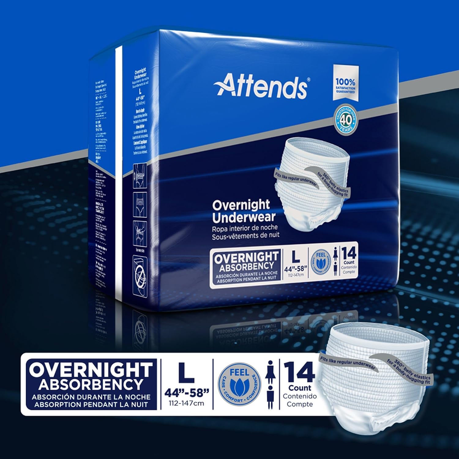Attends Overnight Underwear for Adult Incontinence Care with ConfidenceCuff™ Protection, Overnight Absorbency, Unisex, X-Large, 12 Count (x4) | Unisex