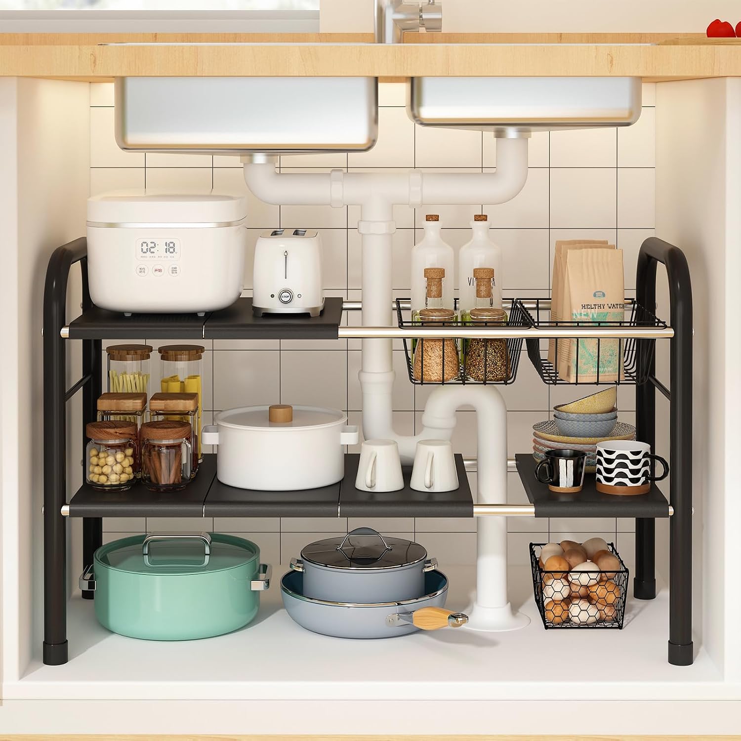 Expandable Under Sink Organizer, 2 Tier Under Sink Shelf | With 2 Removable Baskets and 6 Removable Panels