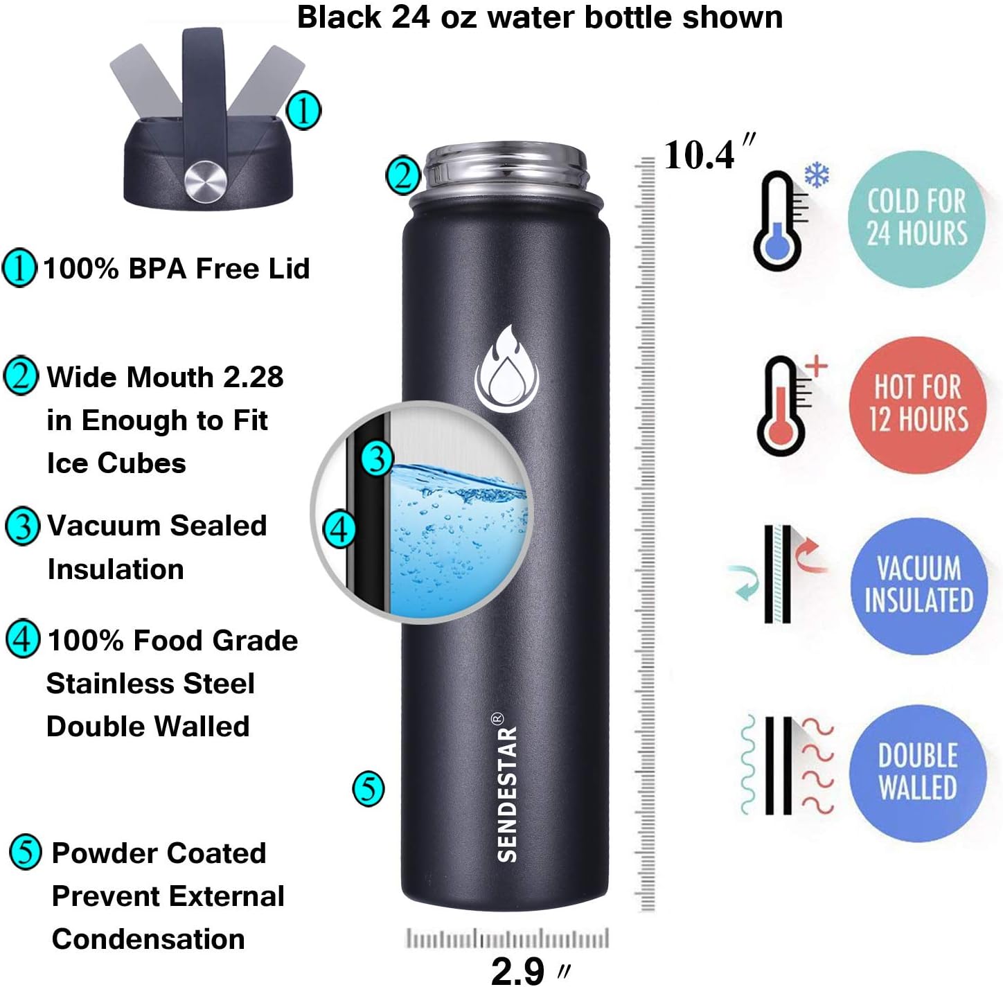 SENDESTAR Insulated Water Bottle 24 oz
