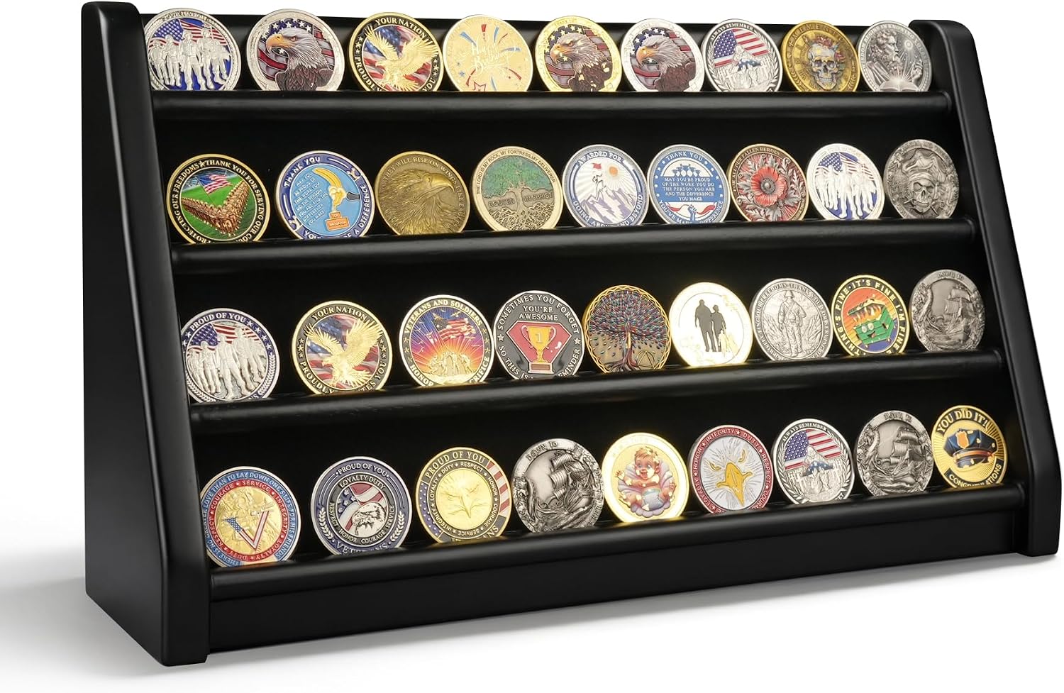 ASmileIndeep 3 Rows Wooden Challenge Coin Wall Display Stand - Military Coin Holder Army Coins Rack, Holds 21-24 Coins, Mahogany
