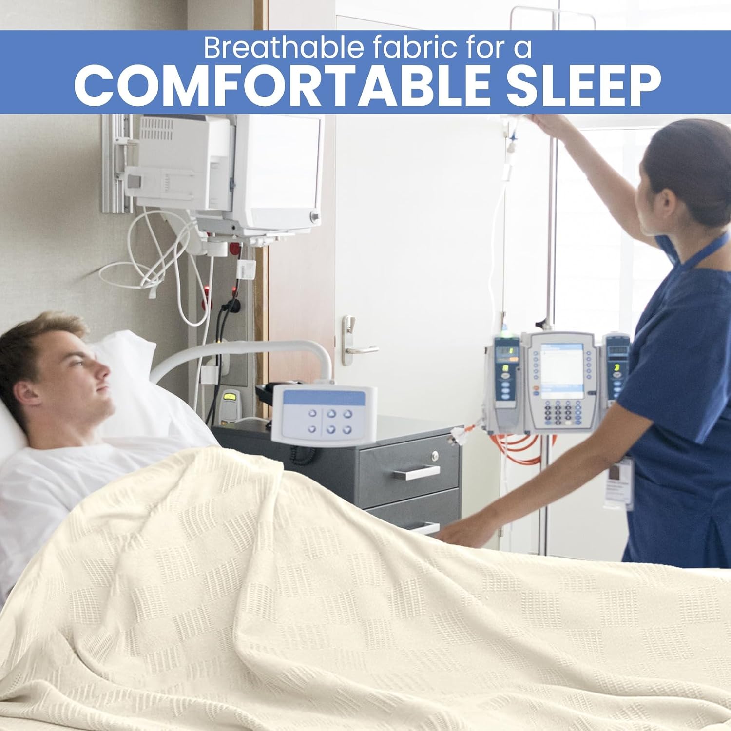 Linteum Textile Hospital Thermal SNAGLESS Spread Blanket, 100% Cotton (74x100 in, Blue)