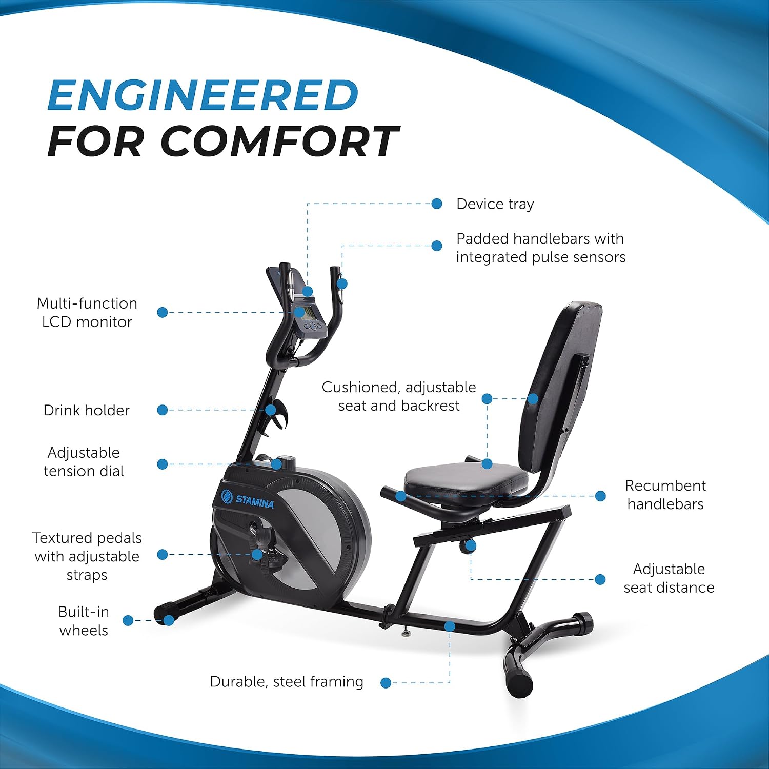 Stamina Recumbent Exercise Bike for Home 346 w/Smart Workout App - Stationary Bike for Adults, Seniors w/Large, Adjustable