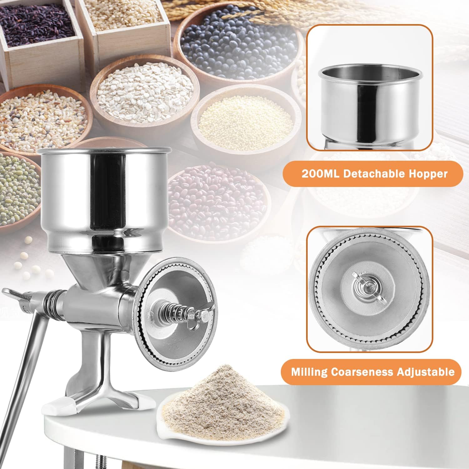 Moongiantgo Hand Grain Mill Manual Coffee Grinder Coarseness Adjustable Stainless Steel Hand Crank Grinding Tool with Table Clamp for Rice Spices