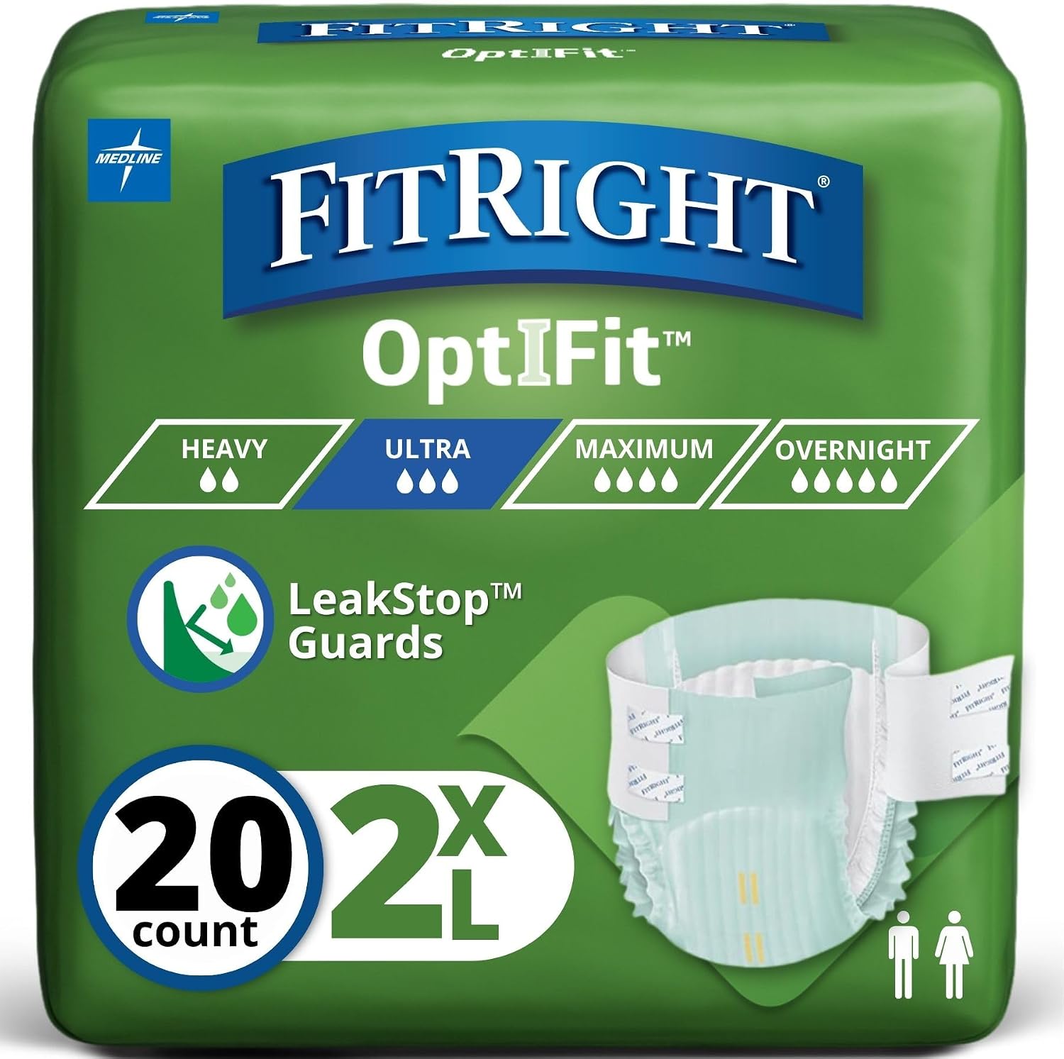 FitRight Ultra Adult Diapers, Disposable Incontinence Briefs, Leak-Proof Diaper, Absorbent Briefs for Men and Women, Maximum Protection, 2XL, 60 – 70 in, 20 Briefs per Bag